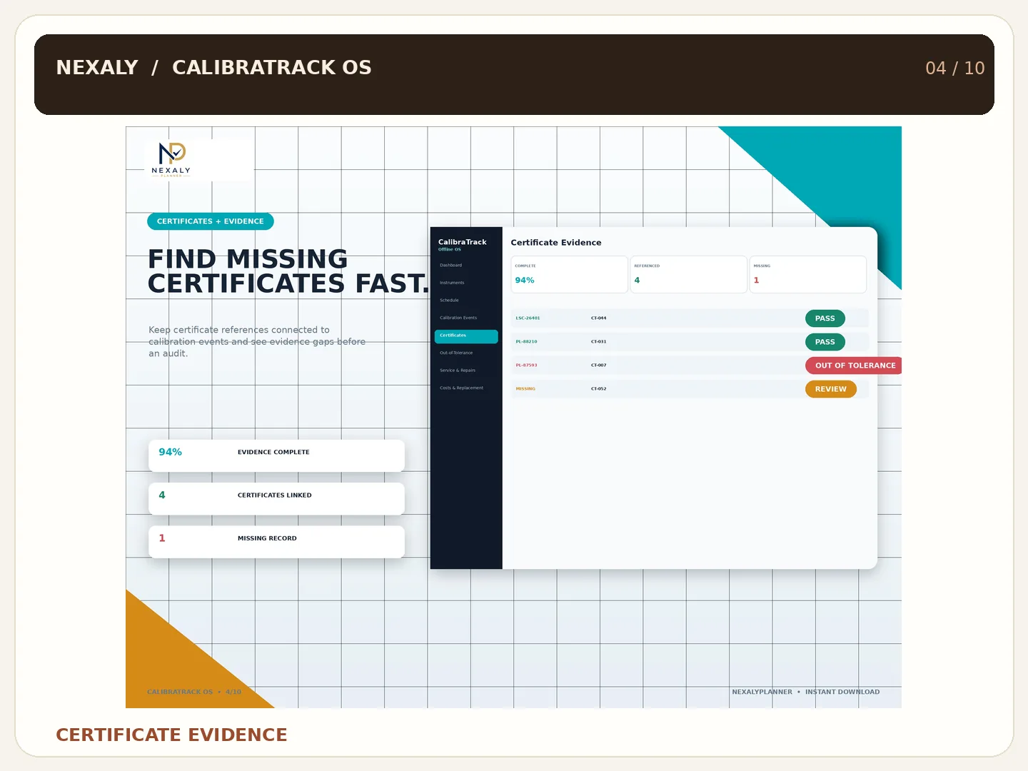 Calibration certificate evidence records and missing reference tracking
