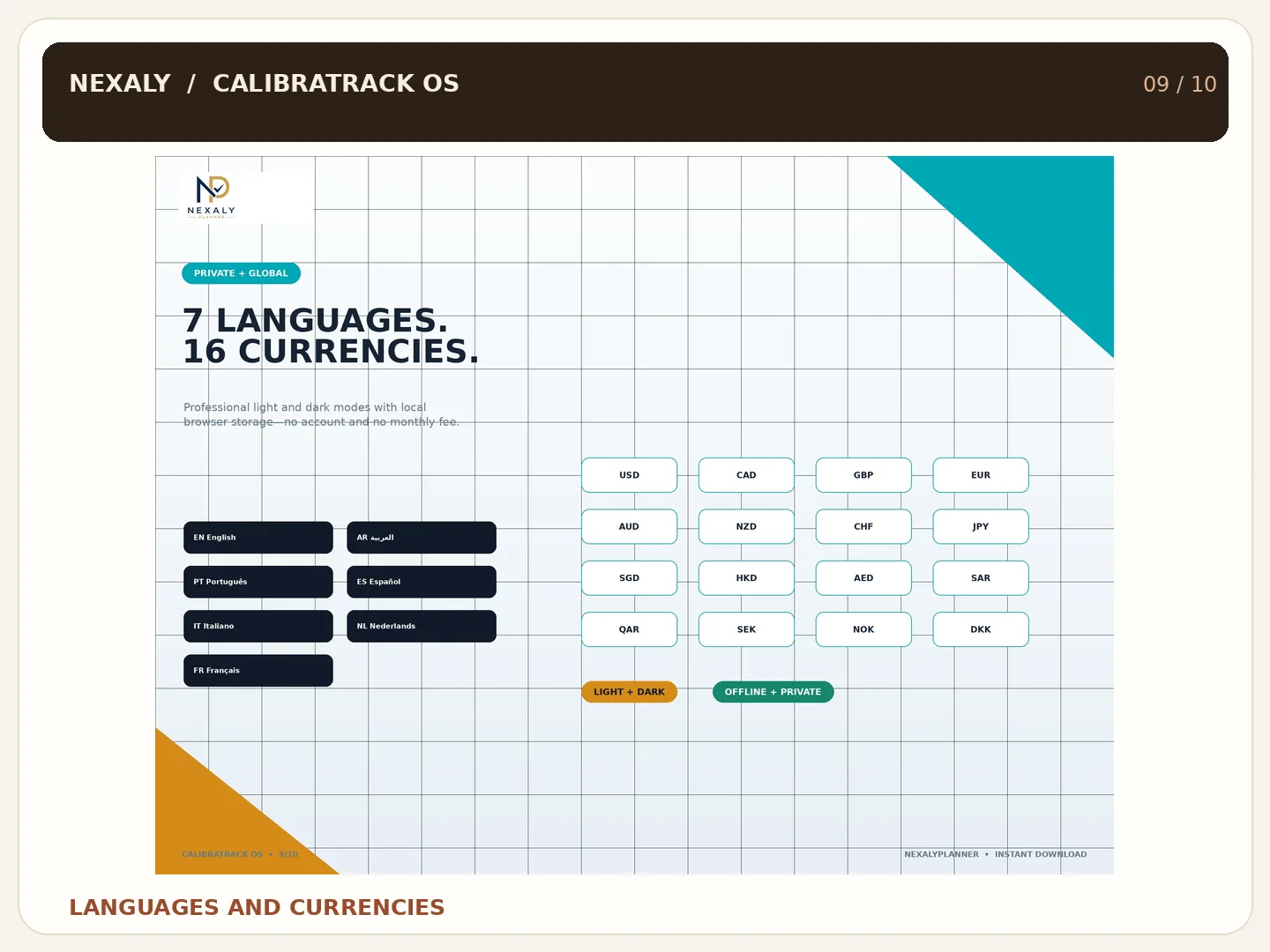 CalibraTrack OS language and currency settings