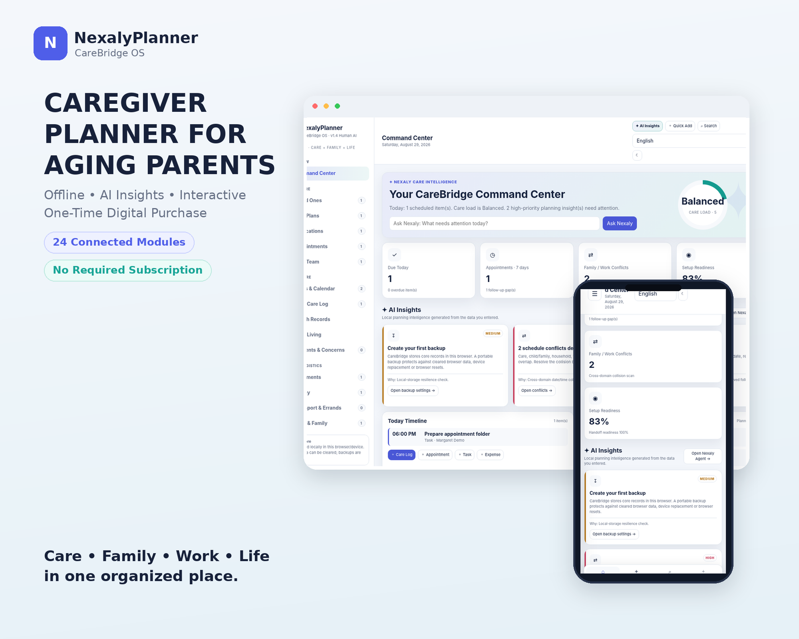 CareBridge caregiver planner dashboard on desktop and mobile with family care tasks and local AI-style insights
