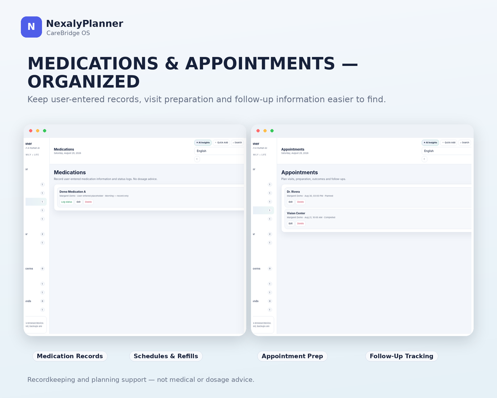 Caregiver medication and appointment tracker with schedules, providers, preparation notes and follow-up organization