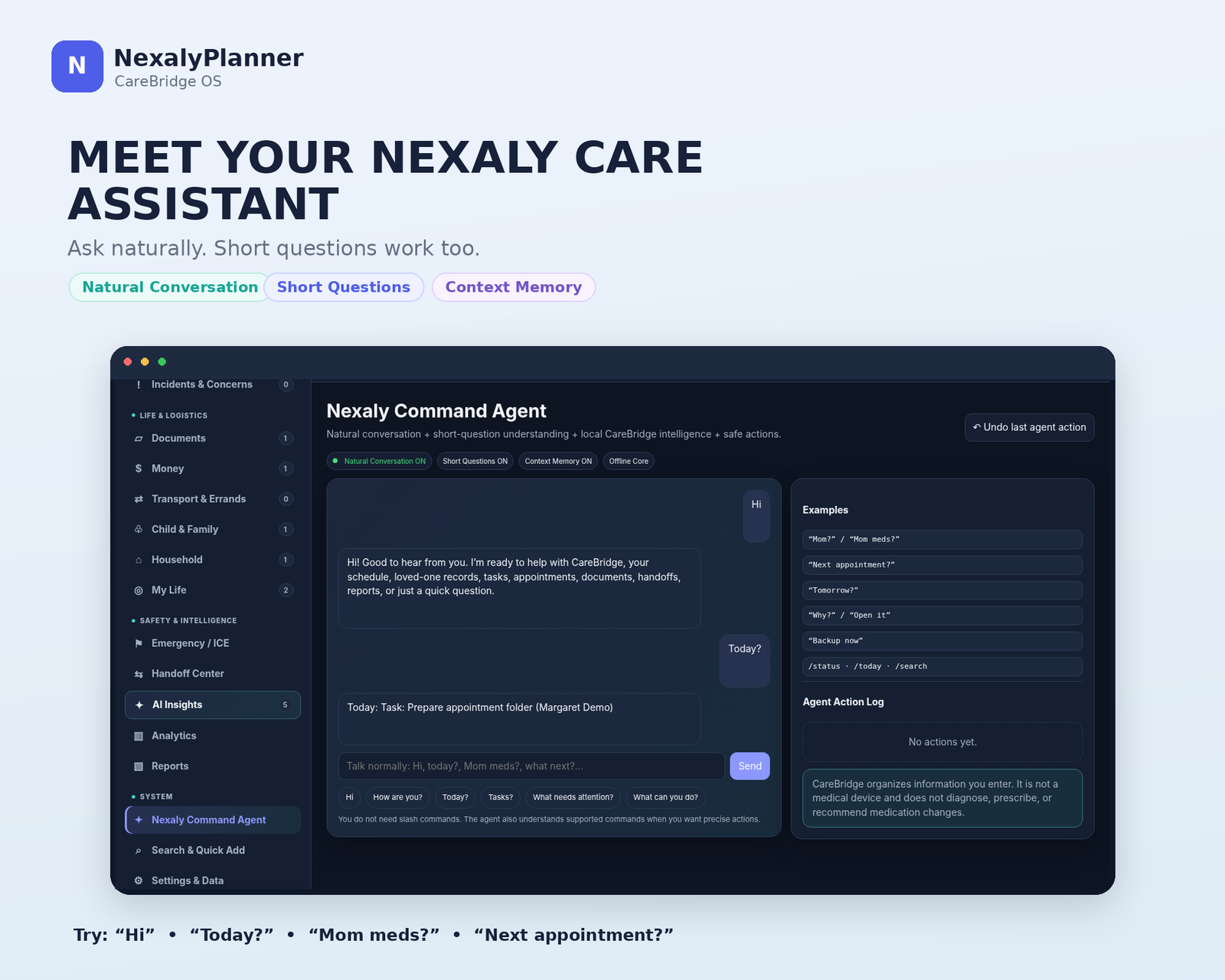 Nexaly Care Assistant answering short questions using information saved in the offline caregiver planner