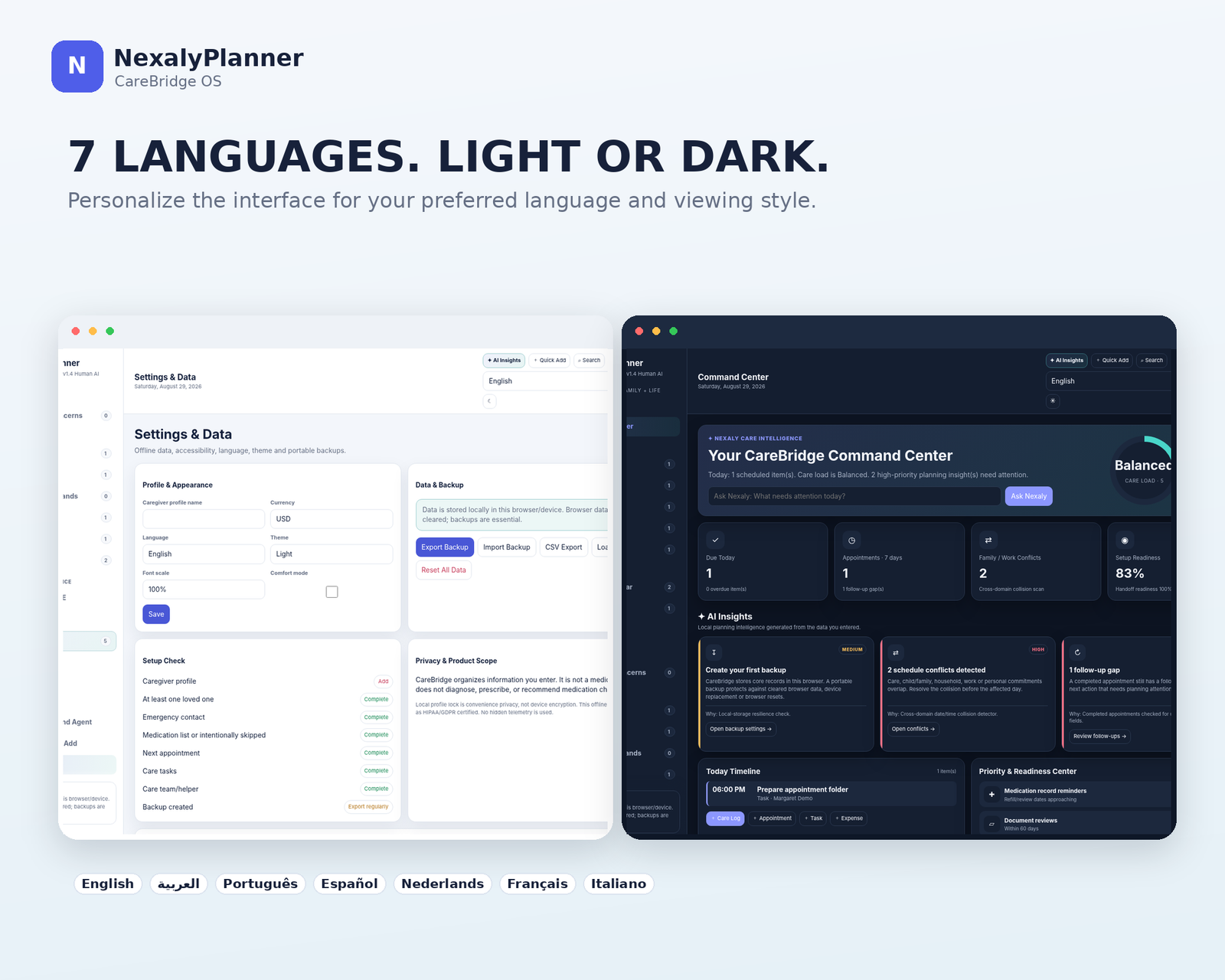 CareBridge caregiver planner in light and dark themes with seven languages including Arabic RTL support