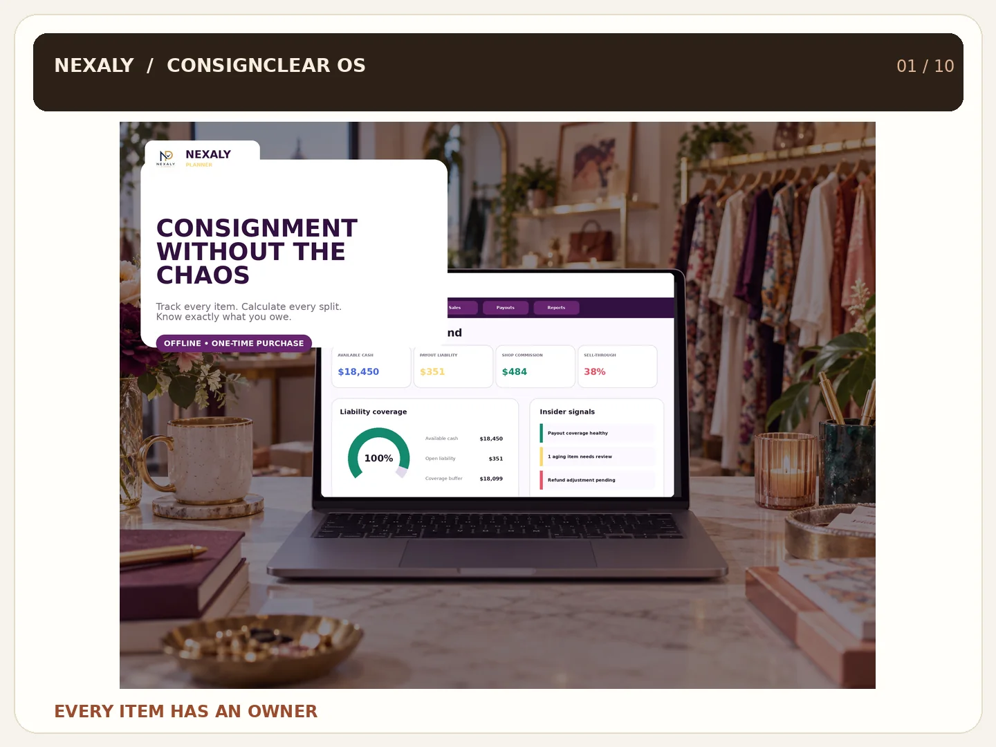 ConsignClear OS promotional overview of consignment inventory and settlement workflow
