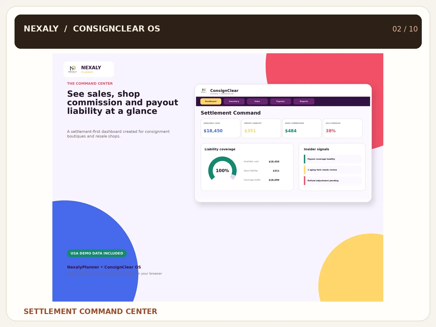 Illustrated settlement dashboard with sales, shop commission, payout liability and cash
