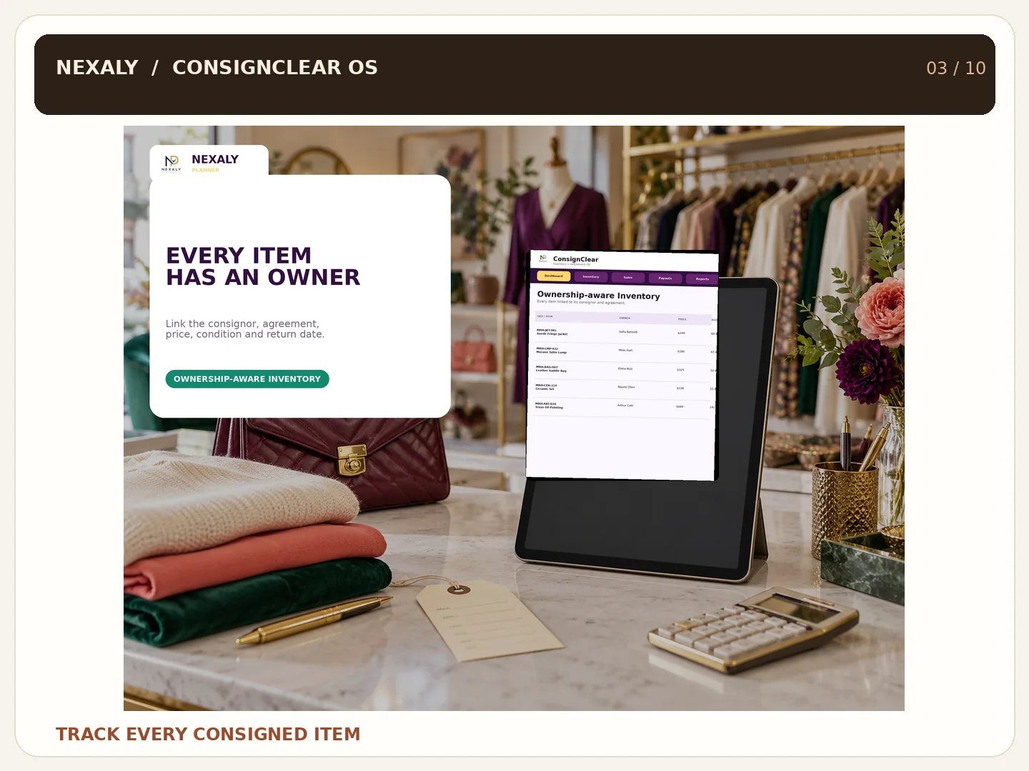 Illustration of consigned items linked to owner and agreement records