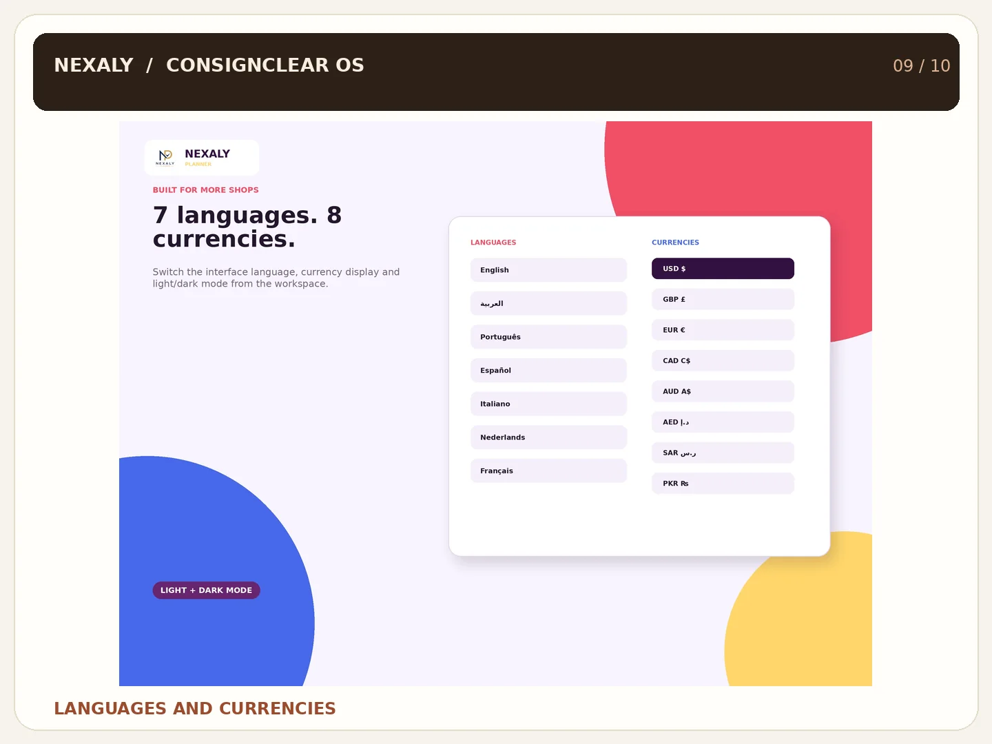 Promotional view of seven interface languages and eight currency display formats