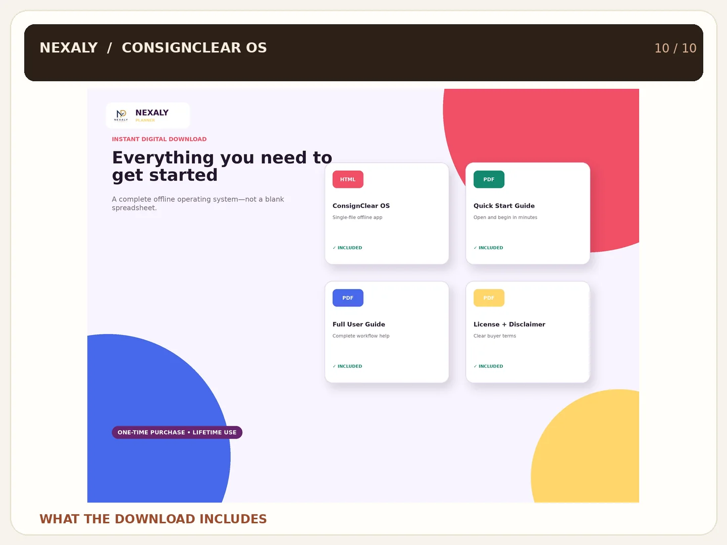 ConsignClear OS digital download contents illustration; offline app and buyer guides included