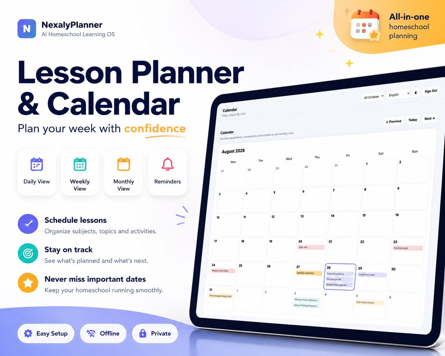 homeschool schedule for multiple ages with lesson calendar shared family blocks and individual child planning