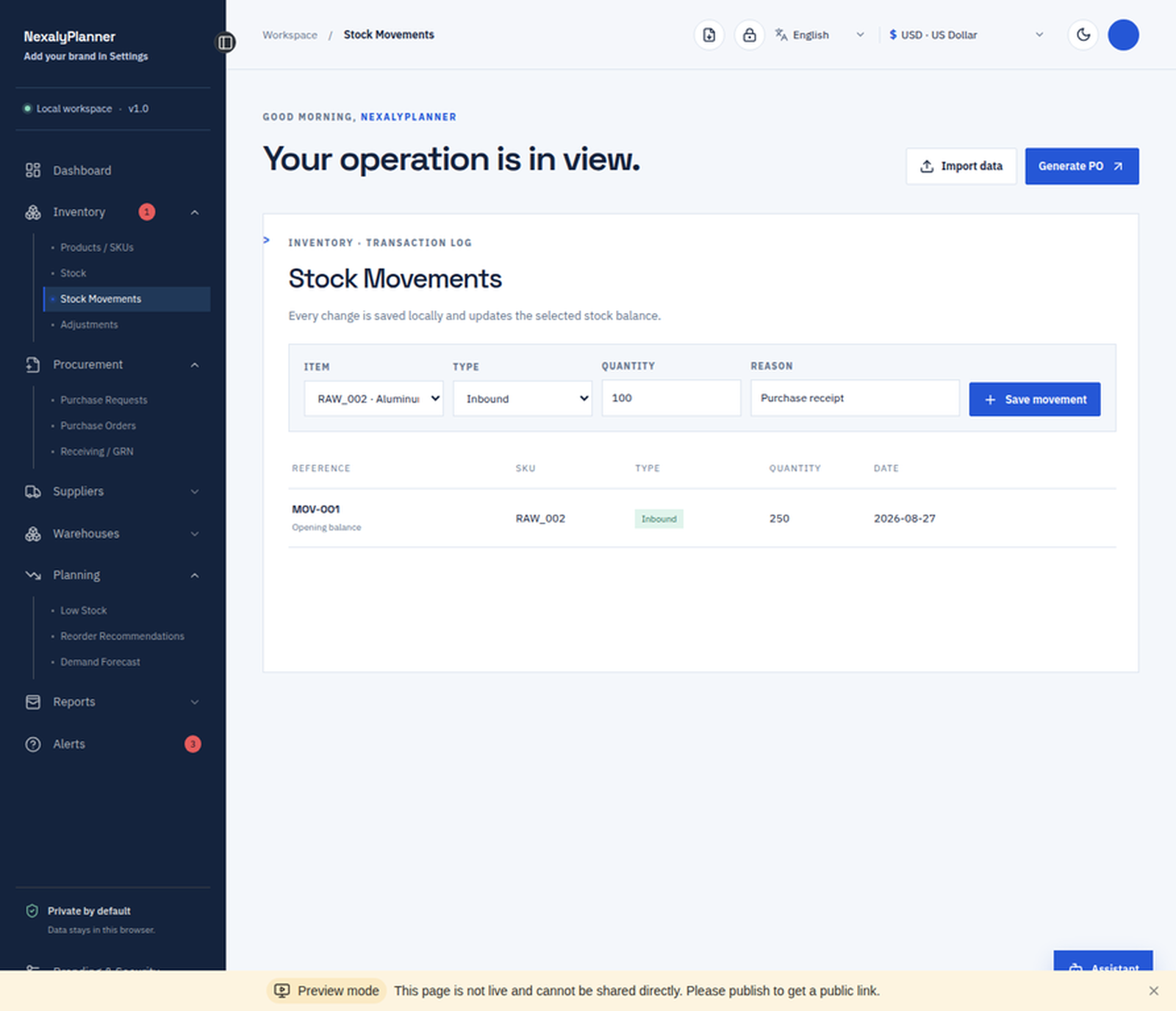 Stock movements screen for recording inbound, outbound and adjustment transactions by SKU