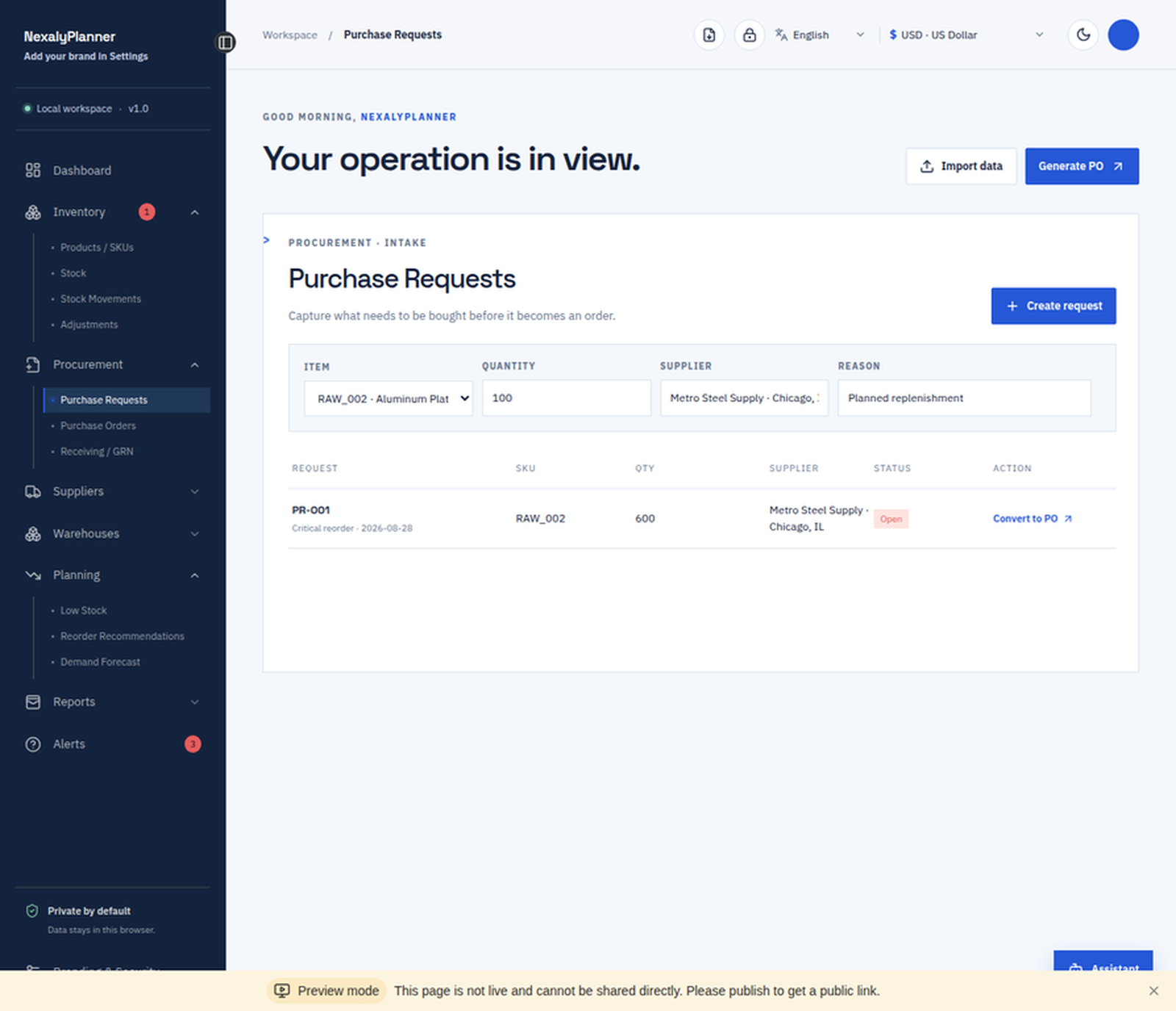 Purchase requests screen with item, quantity, supplier, reason, status and purchase order conversion