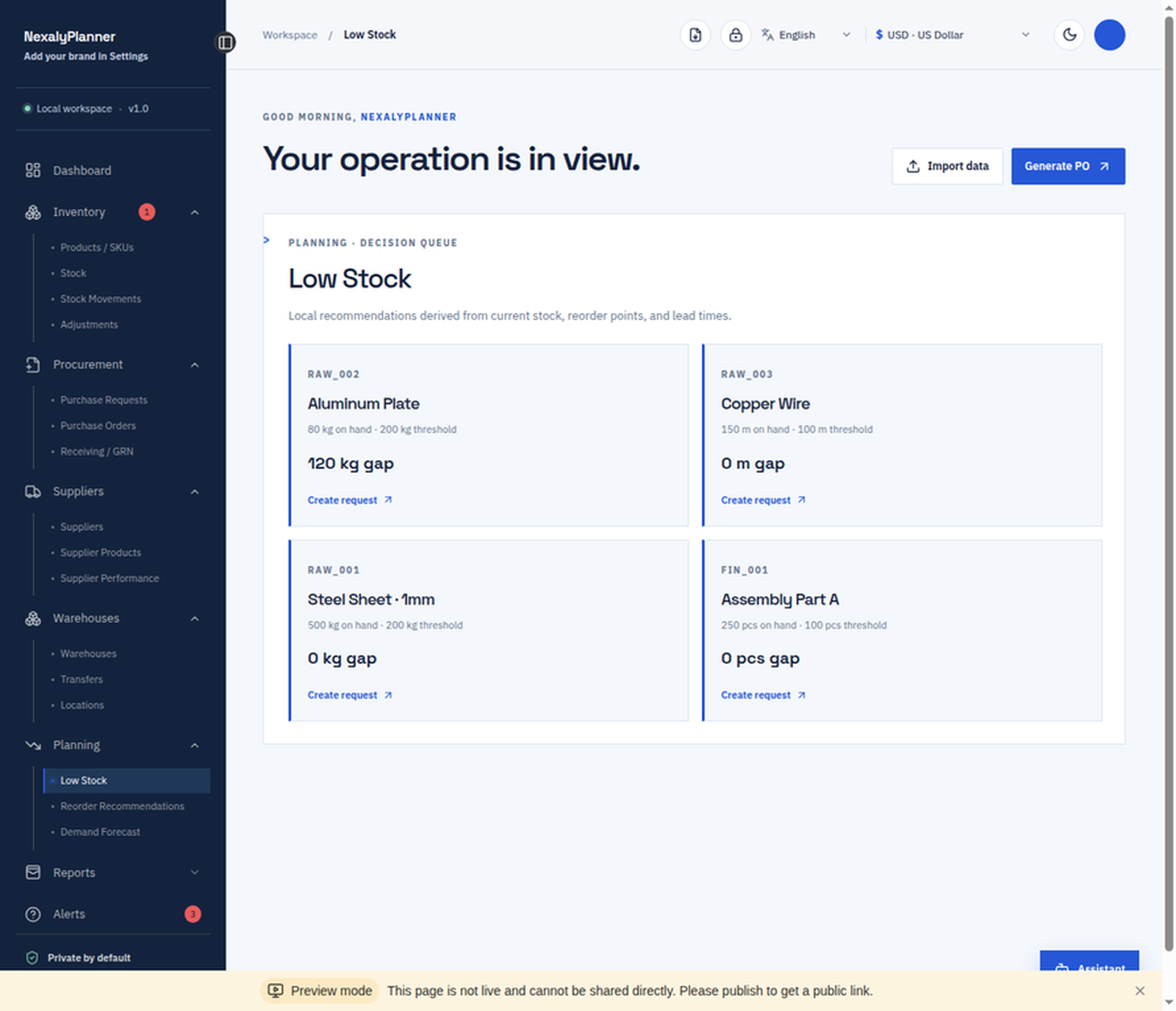 Low-stock planning screen showing reorder gaps and create request actions for inventory items