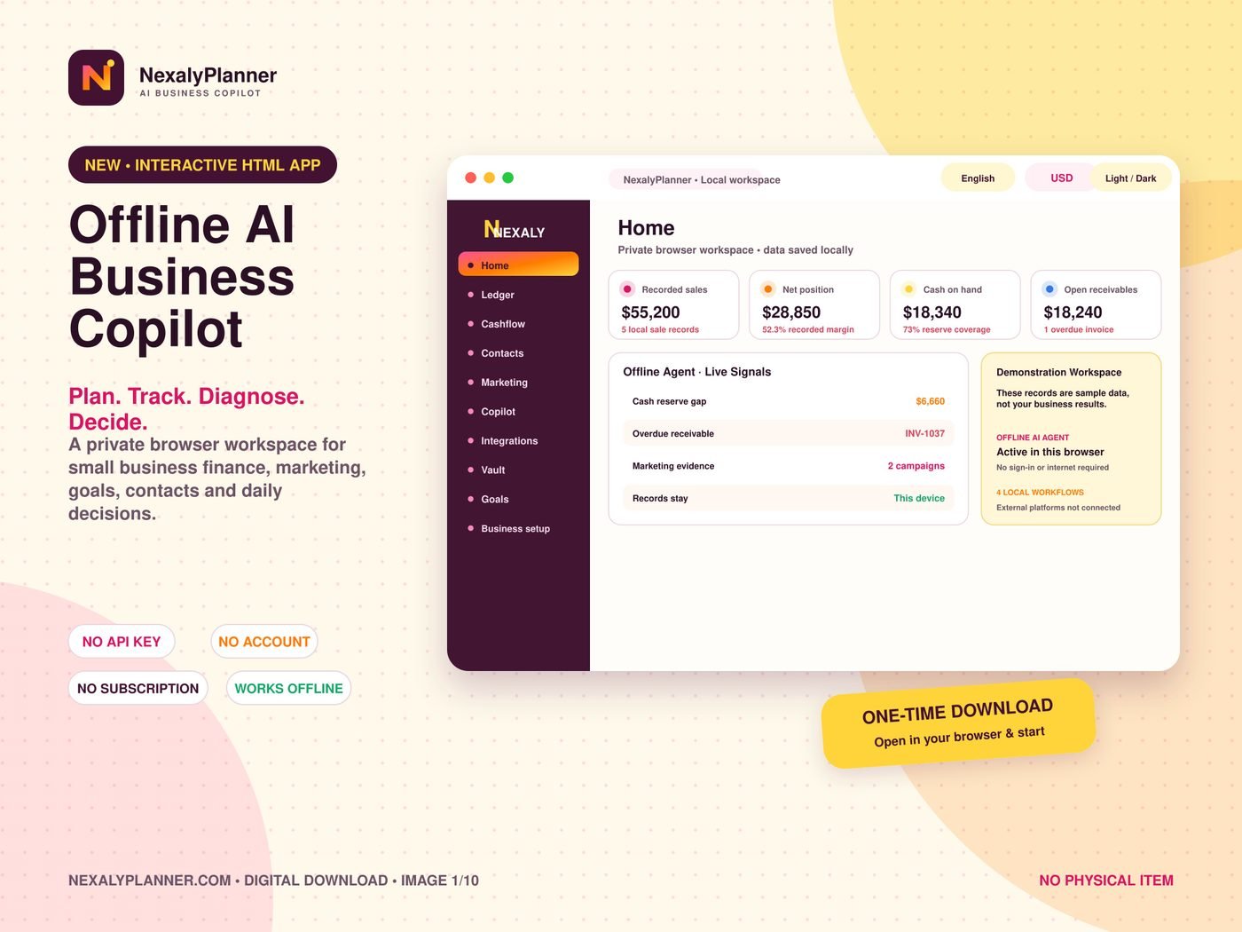 Nexaly Planner Offline AI Business Copilot Home screen showing the daily brief, business health, local marketing intelligence, data bridges, demonstration-workspace notice, and owner startup checklist.