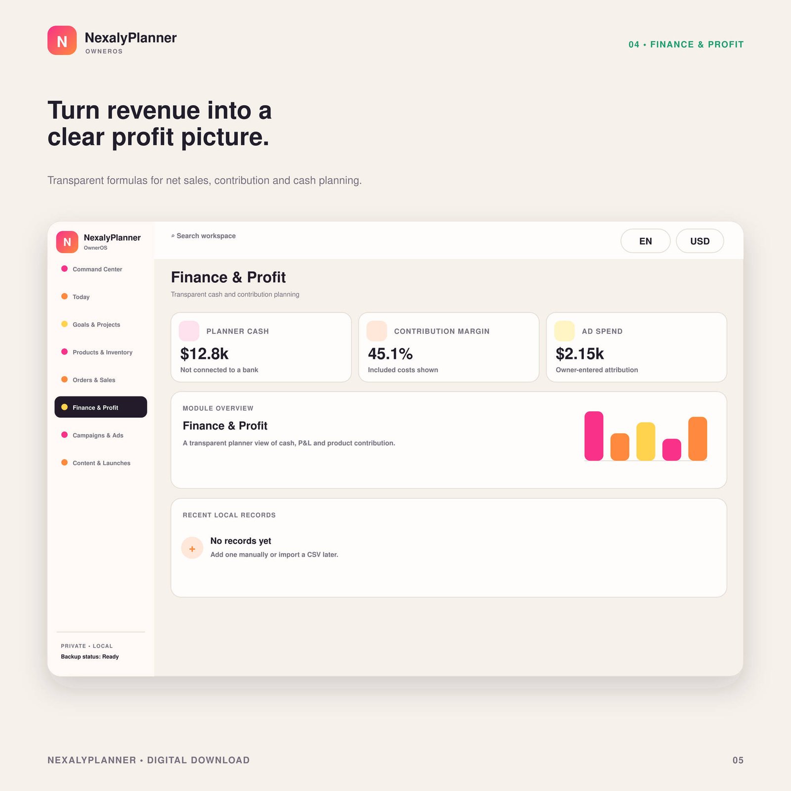 OwnerOS Core finance and profit module with cash, contribution margin, advertising spend and local finance records