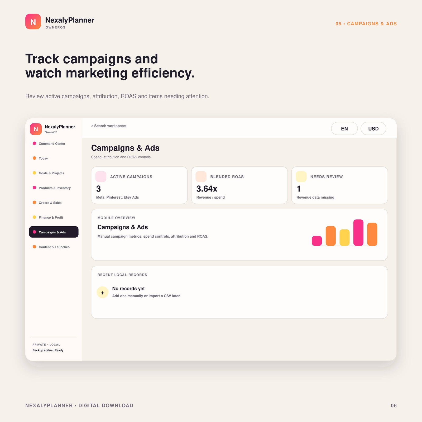 OwnerOS Core campaigns and ads module showing active campaigns, blended ROAS, review alerts and marketing records