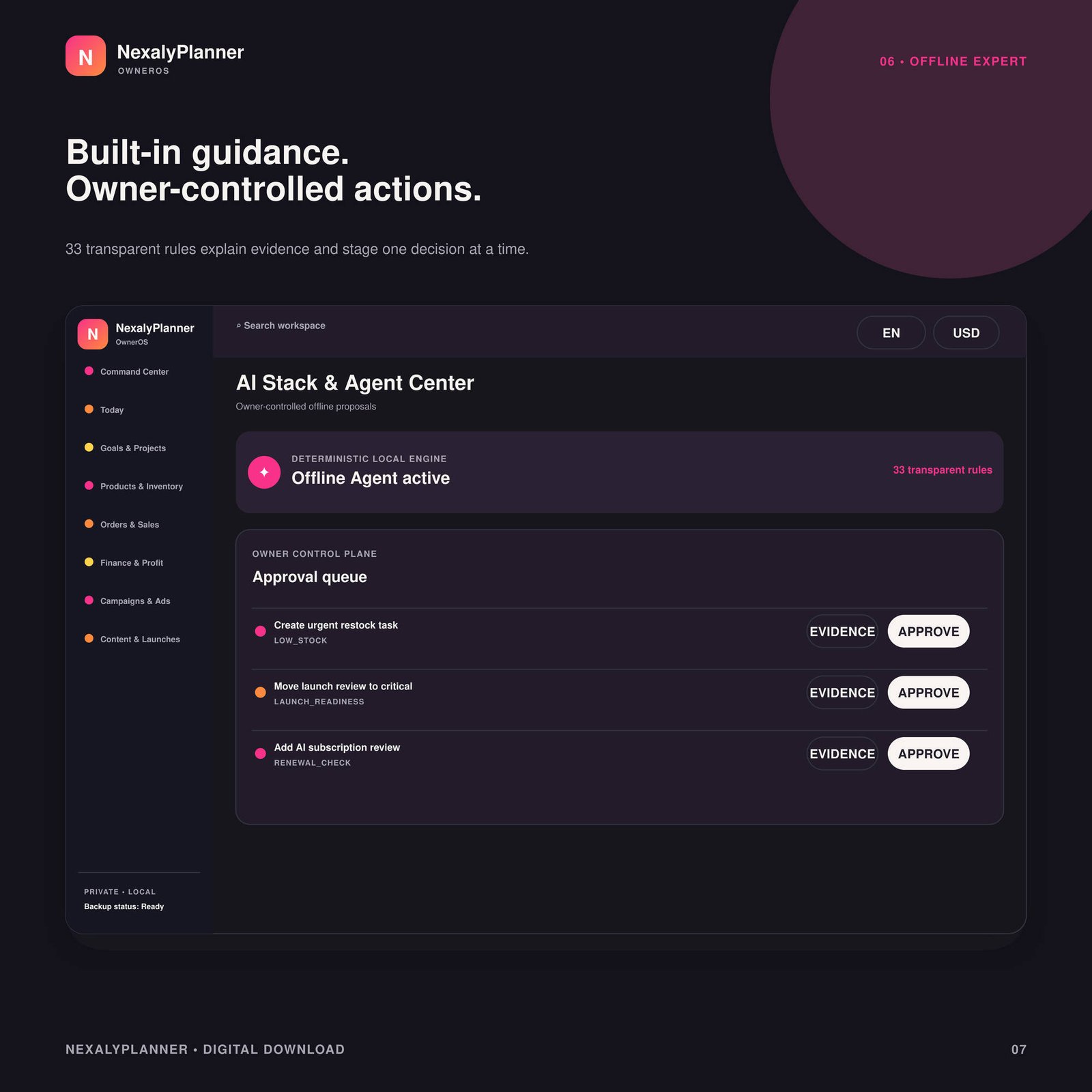 Dark mode OwnerOS Core Agent Center with transparent offline rules, evidence, risk labels and owner approval controls