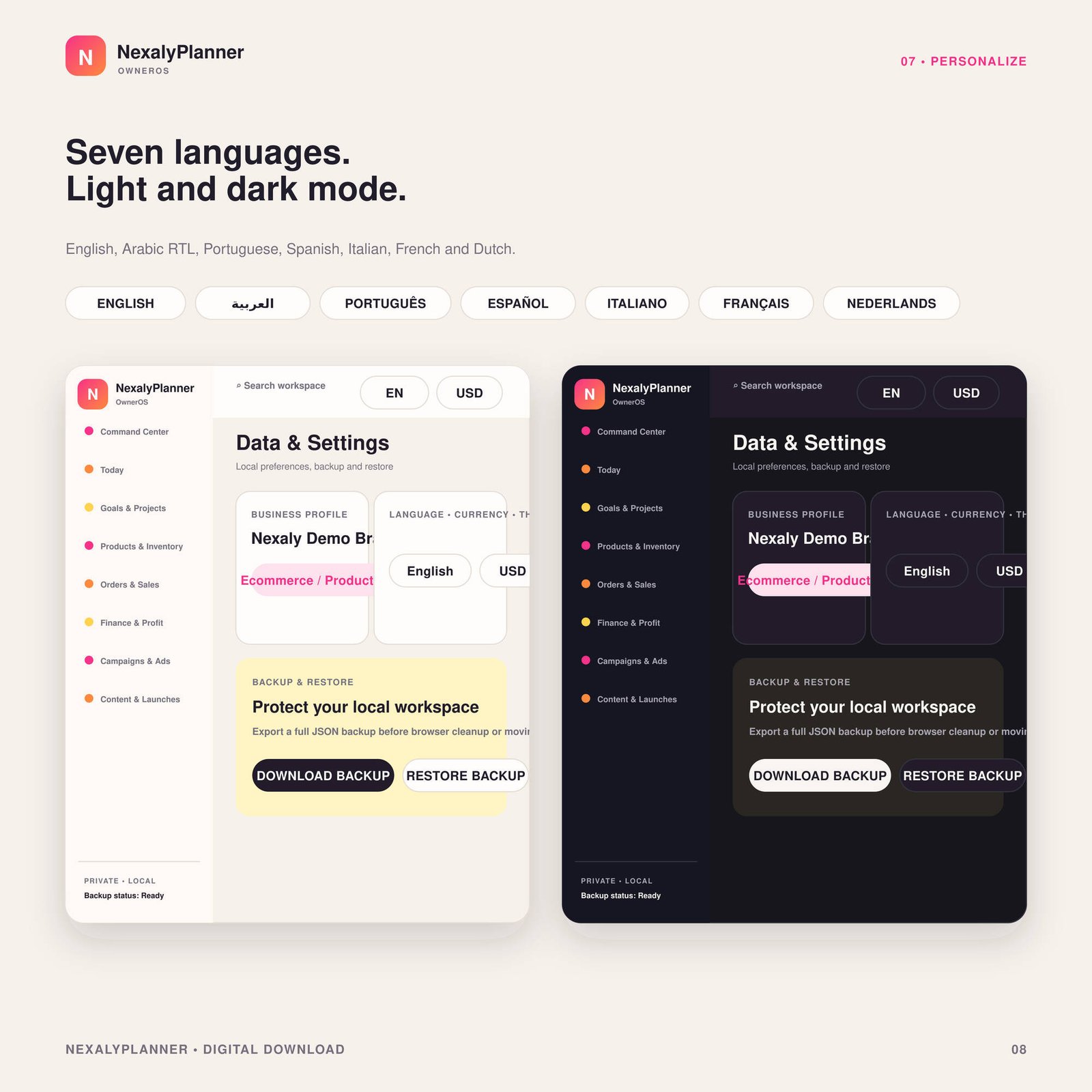 OwnerOS Core light and dark settings screens with seven languages, currency, theme, backup and restore controls