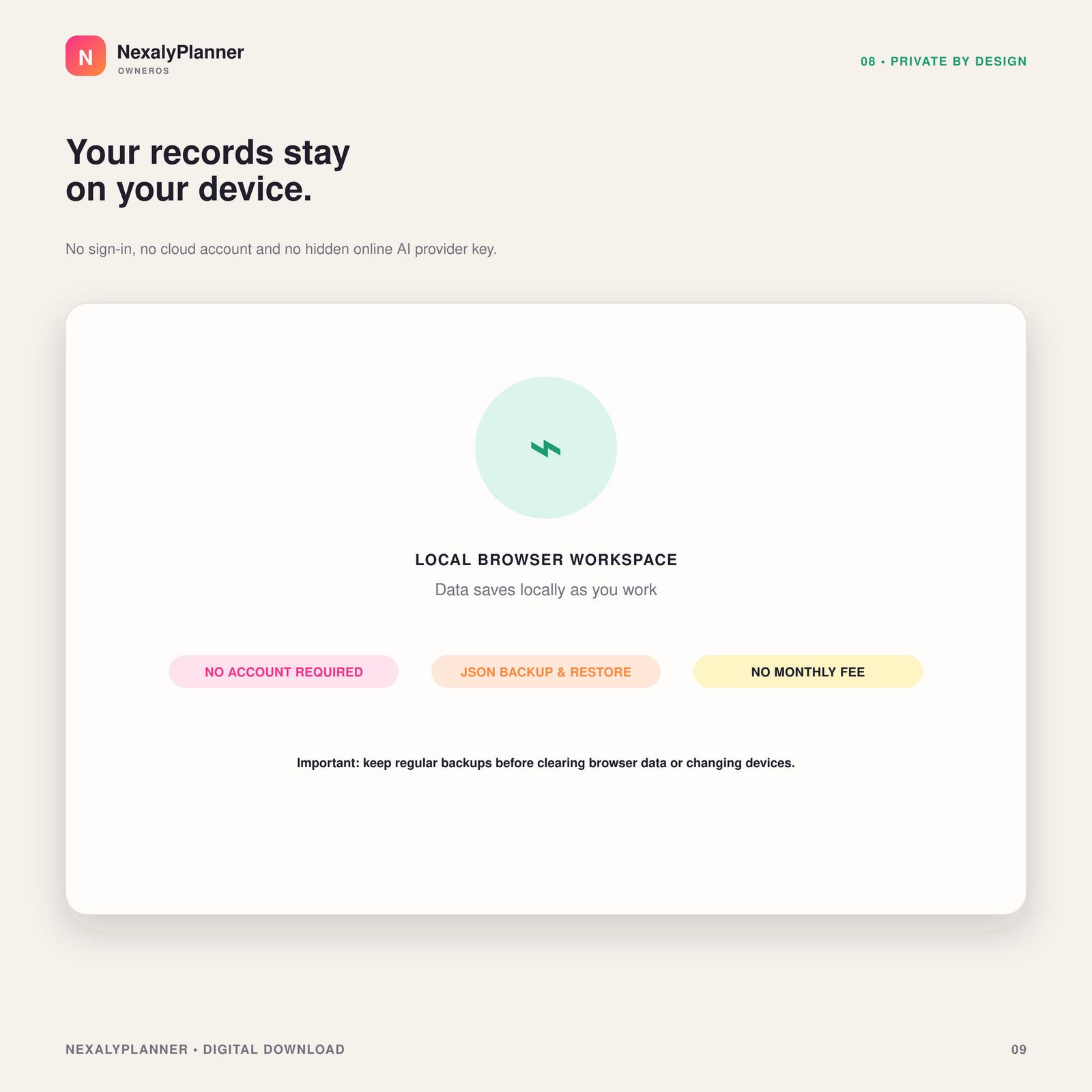 OwnerOS Core privacy graphic showing a local browser workspace, no account, JSON backup and no monthly subscription