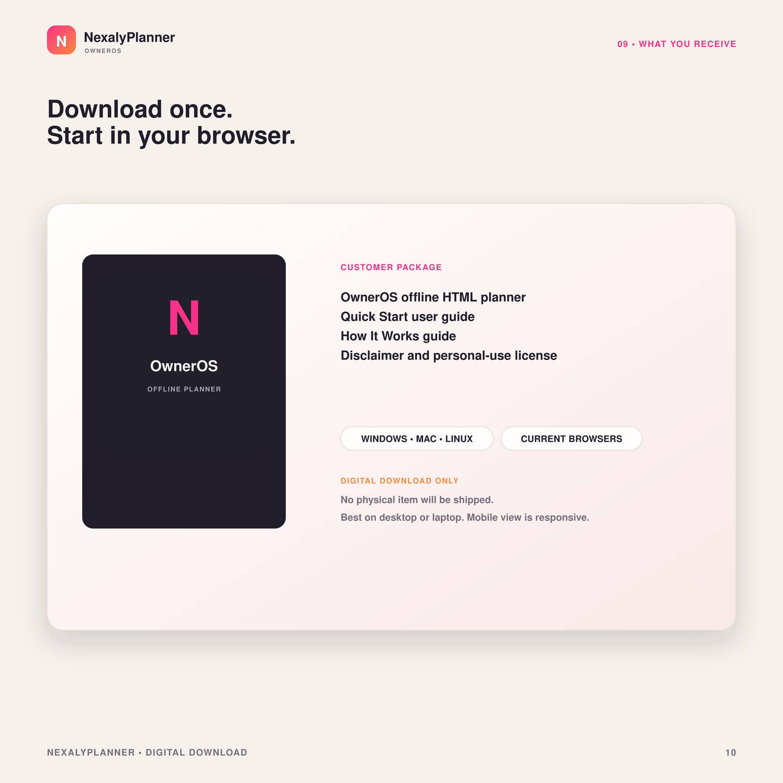NexalyPlanner OwnerOS Core customer package with offline HTML planner, PDF guides, desktop compatibility and digital download notice