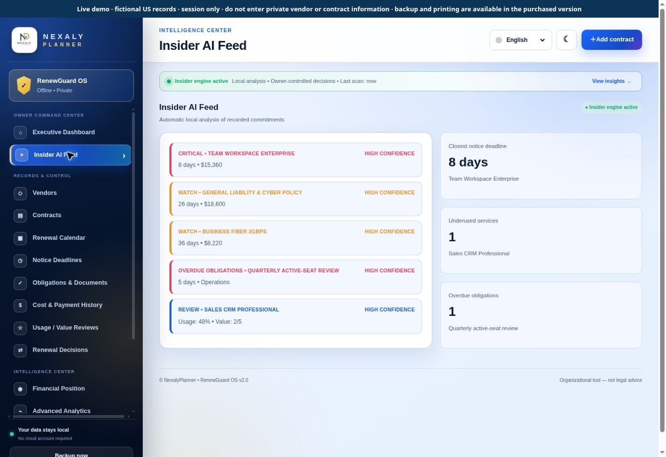 Real RenewGuard OS Insider AI Feed screen with fictional sample contracts and local workspace data