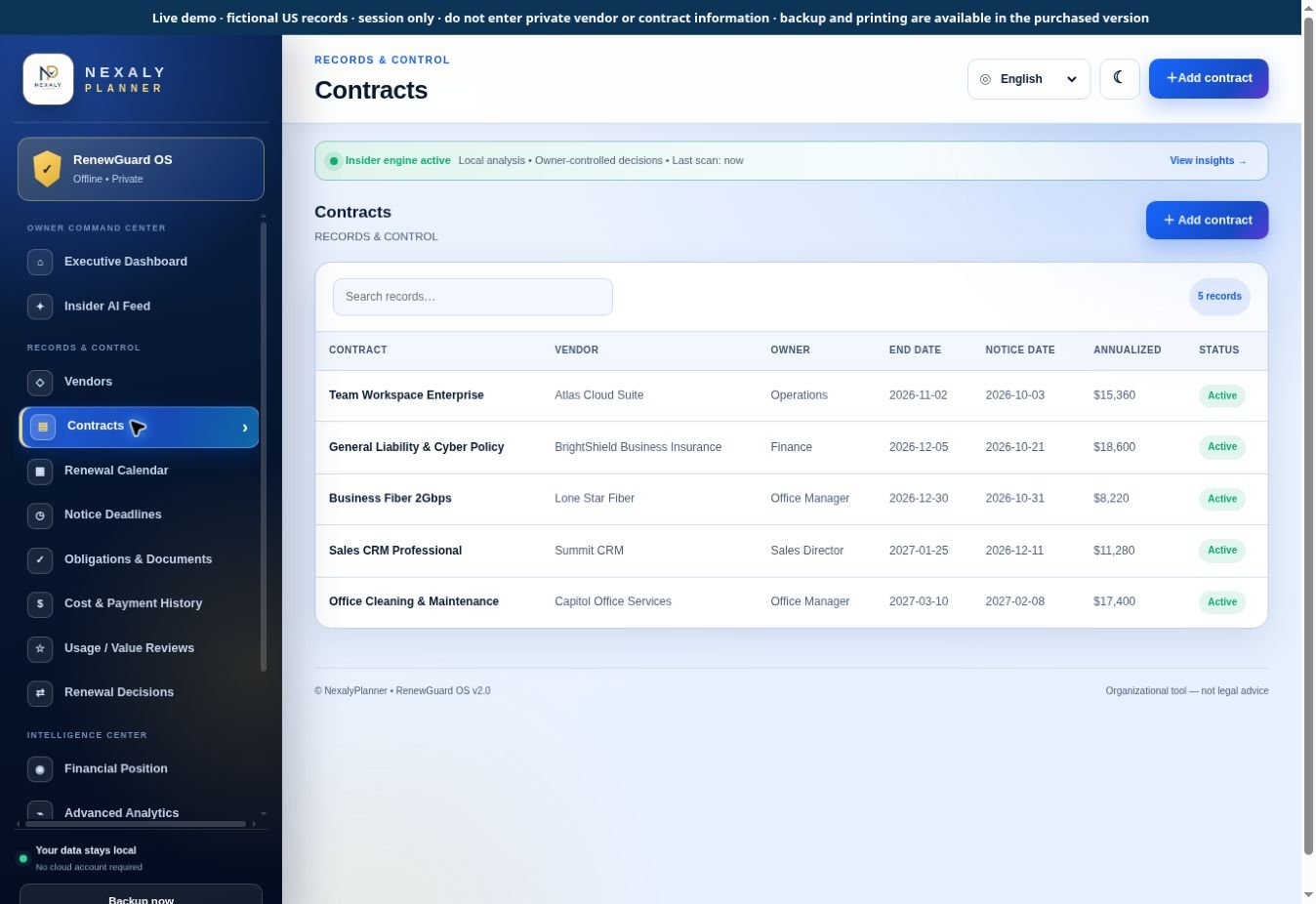 Real RenewGuard OS Contracts screen with fictional sample contracts and local workspace data