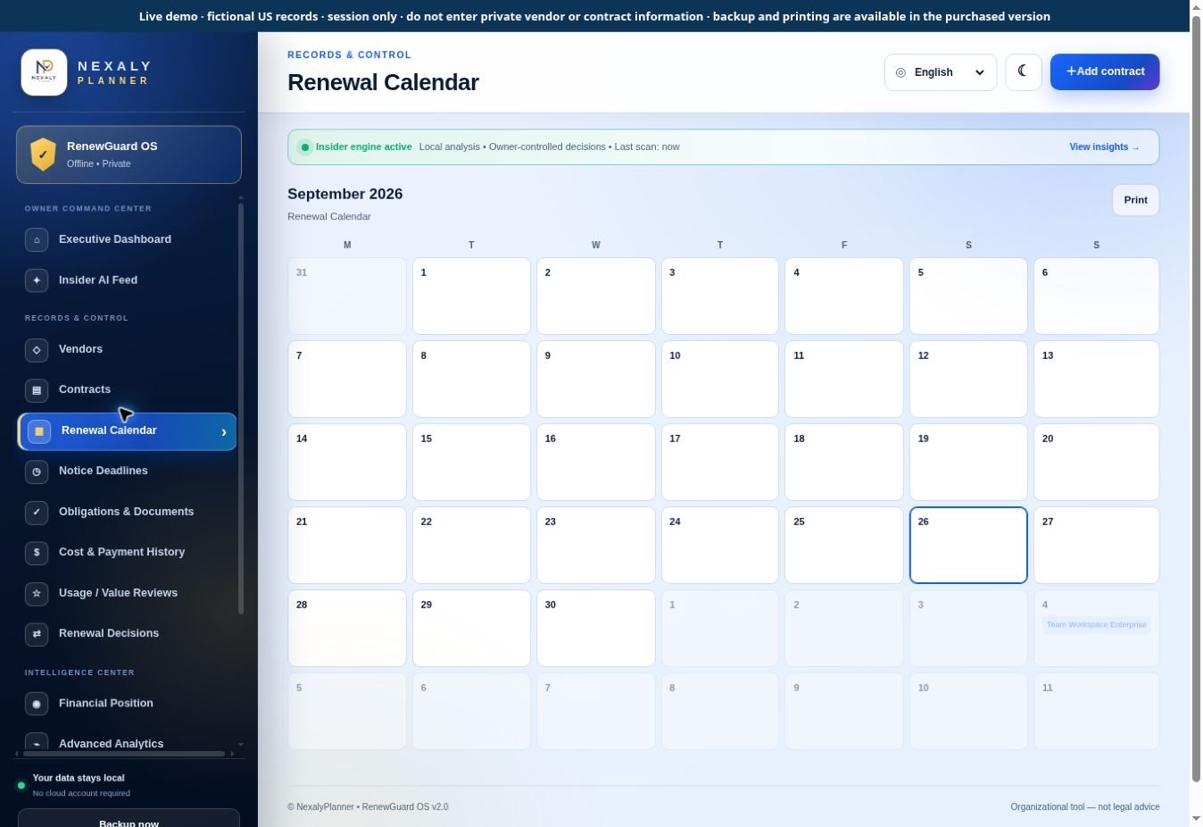 Real RenewGuard OS Renewal Calendar screen with fictional sample contracts and local workspace data