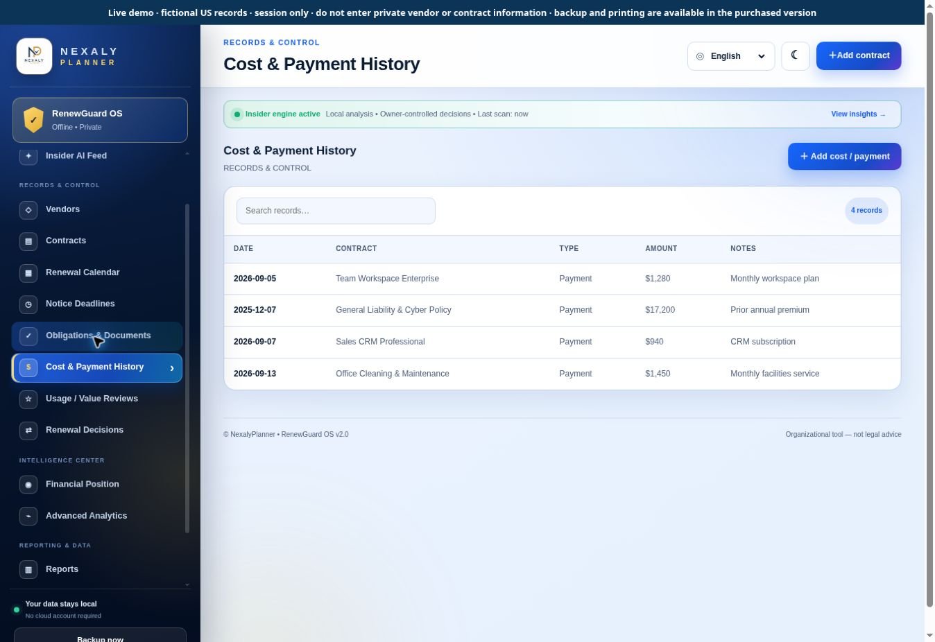 Real RenewGuard OS Cost & Payment History screen with fictional sample contracts and local workspace data