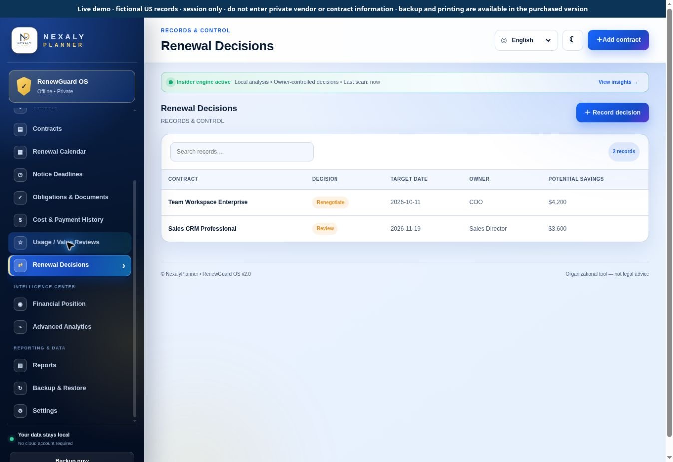 Real RenewGuard OS Renewal Decisions screen with fictional sample contracts and local workspace data
