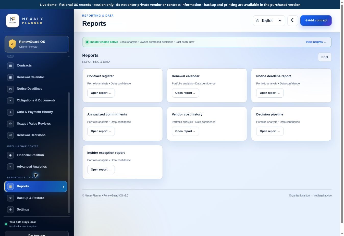 Real RenewGuard OS Reports screen with fictional sample contracts and local workspace data
