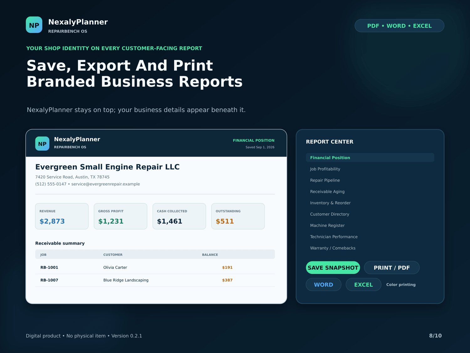 RepairBench OS branded business reports exported to PDF, Word and Excel with your shop details