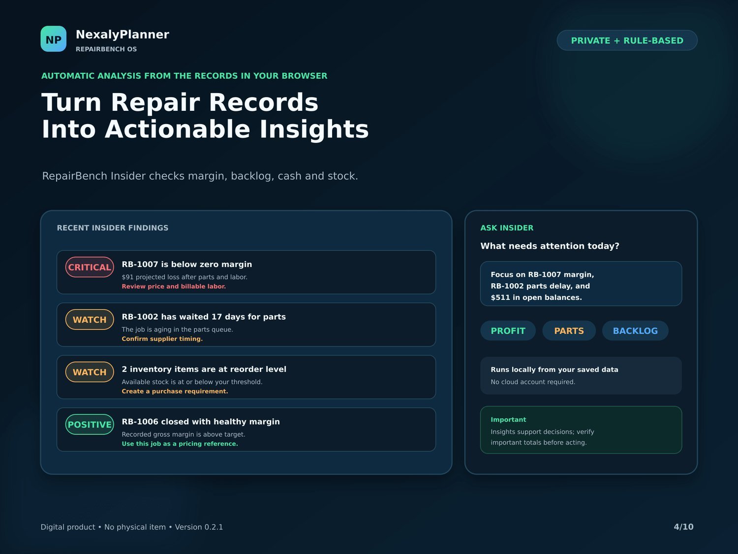 RepairBench OS offline Insider turning repair records into findings on margin, backlog, cash and stock