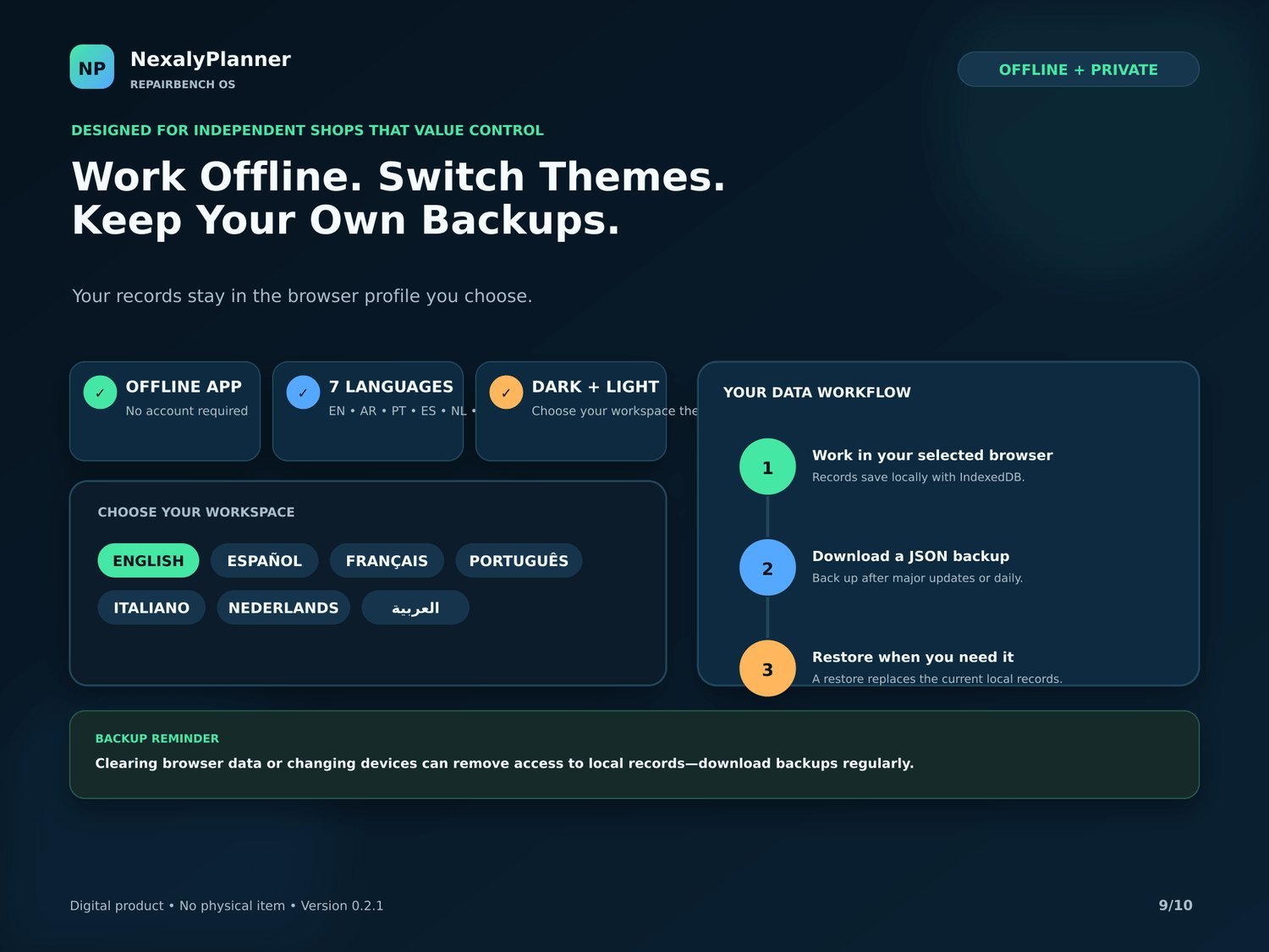 RepairBench OS offline app with 7 languages, dark and light themes and JSON backups