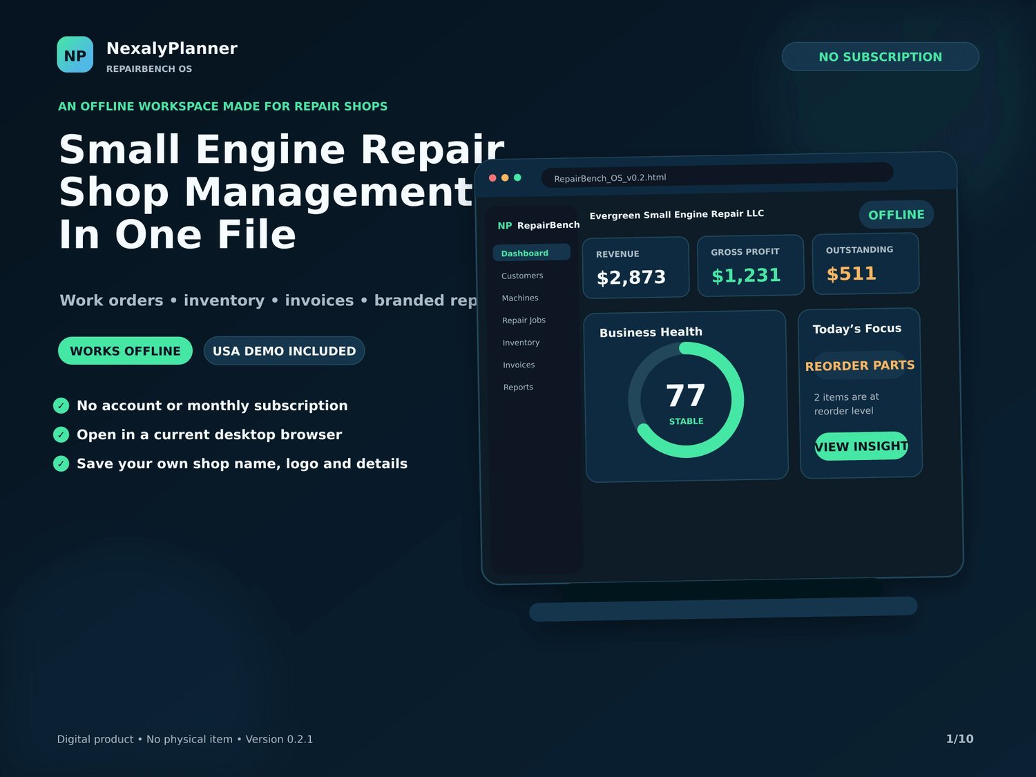 Small engine repair shop management in one file