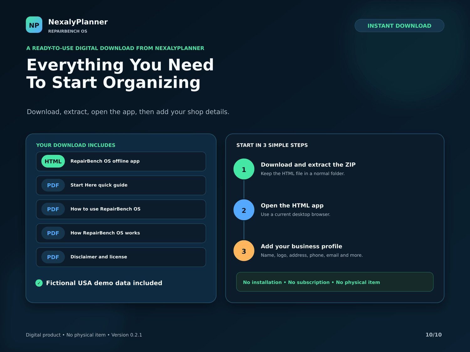 RepairBench OS download contents — offline HTML app, quick guide, how-to, license and USA demo data
