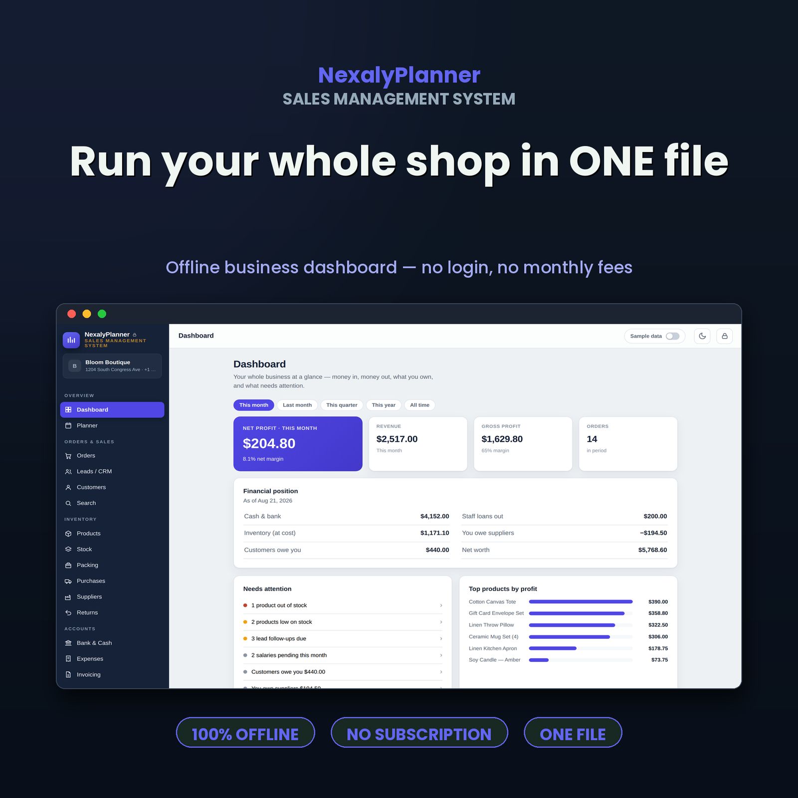 NexalyPlanner Sales Management System first-run modal showing “Start fresh — set up my own business” and “Explore with a sample business first,” over the local workspace