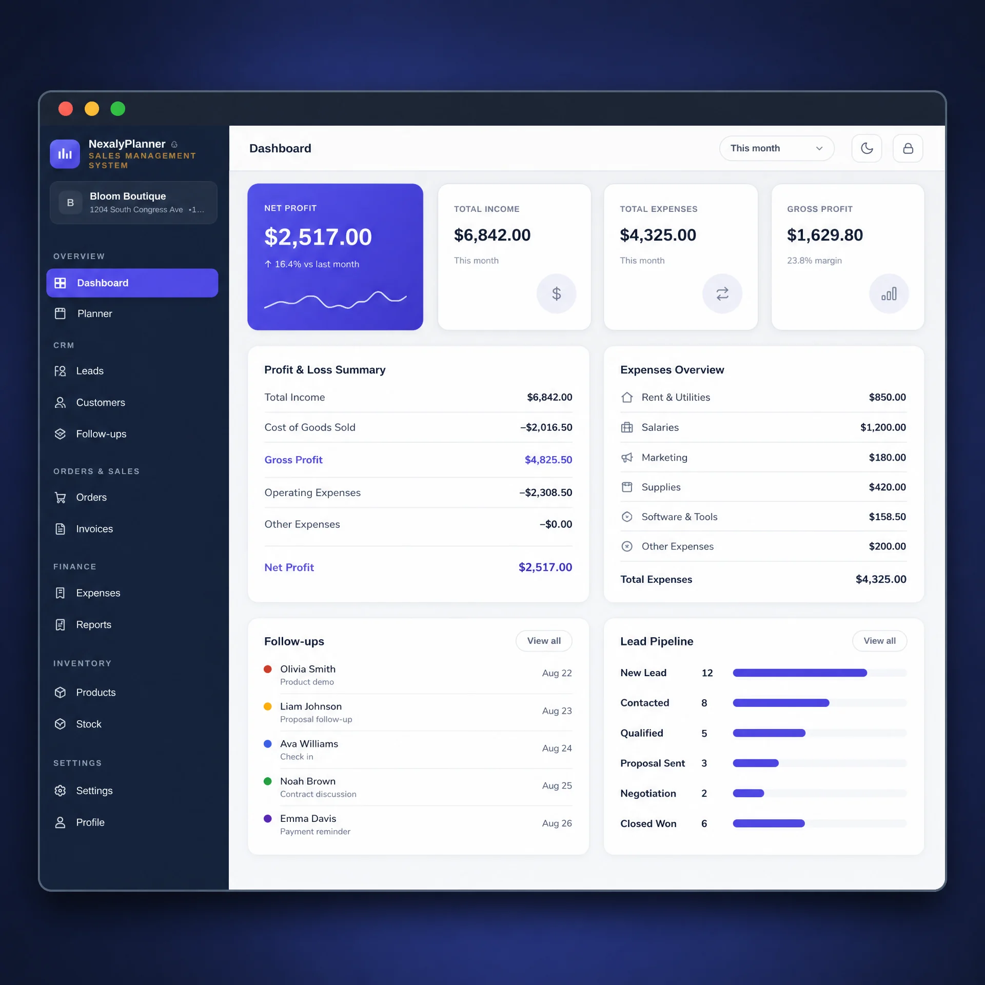 Finance and CRM workspace for leads, customer orders, expenses, invoices, bank accounts and small business planning