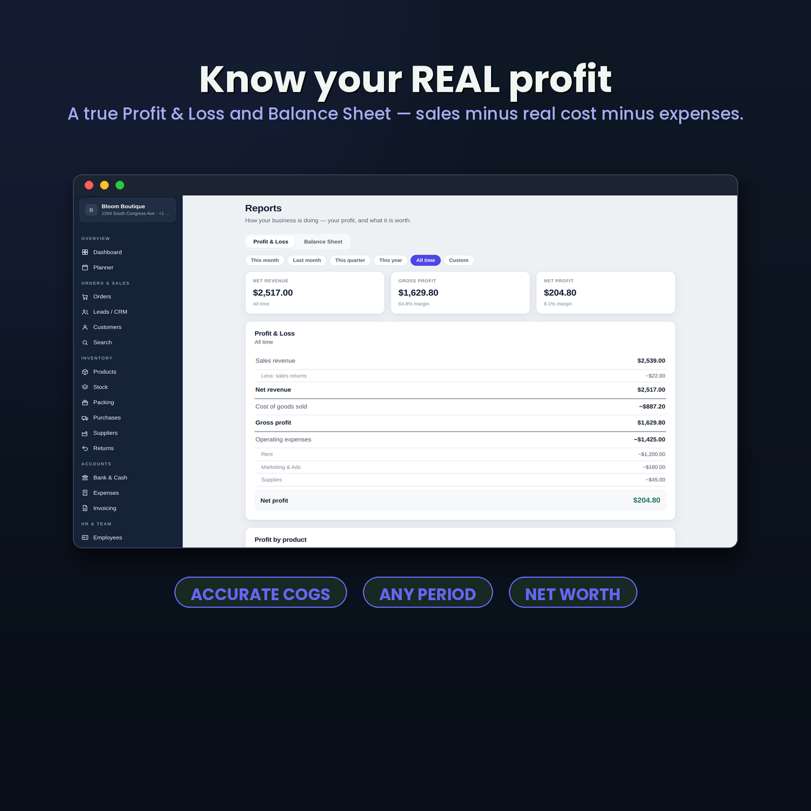 Small business profit tracker showing Profit and Loss, Balance Sheet, accurate costs, expenses and net profit