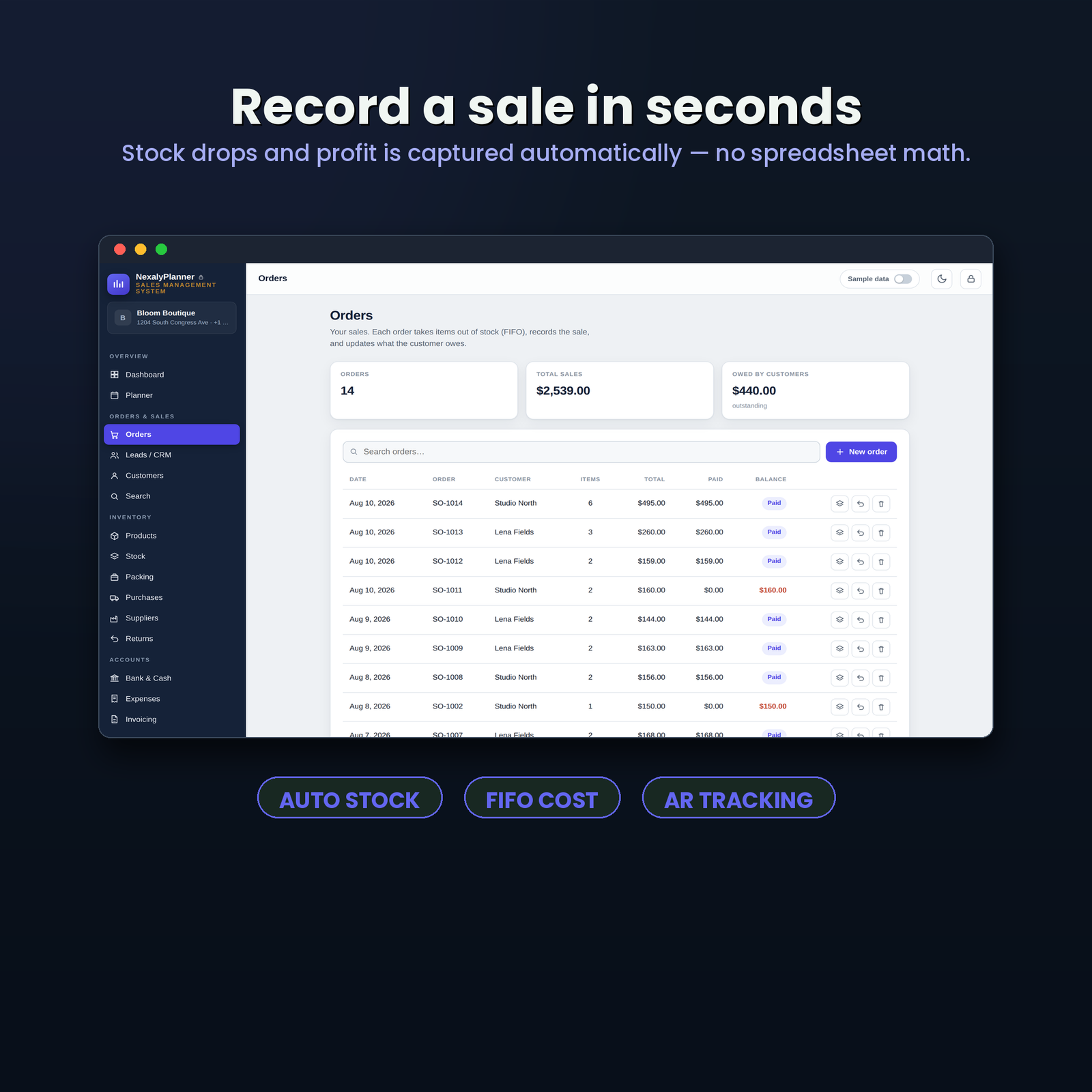 Sales and order management workflow that records orders, deducts FIFO stock and updates profit automatically