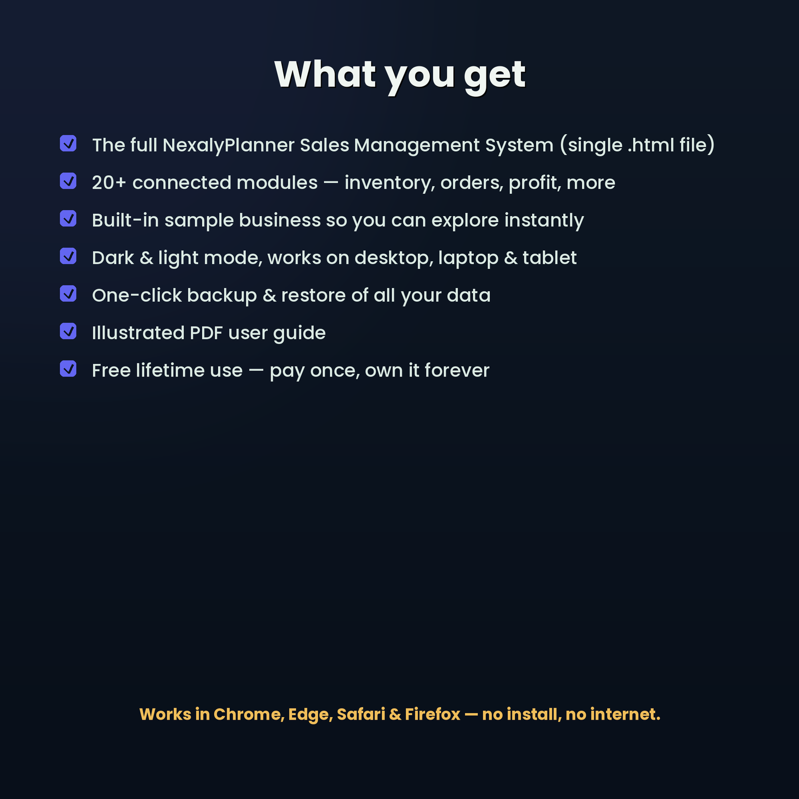 Sales management system digital download contents with HTML business app, sample data, backup, dark mode and PDF user guide