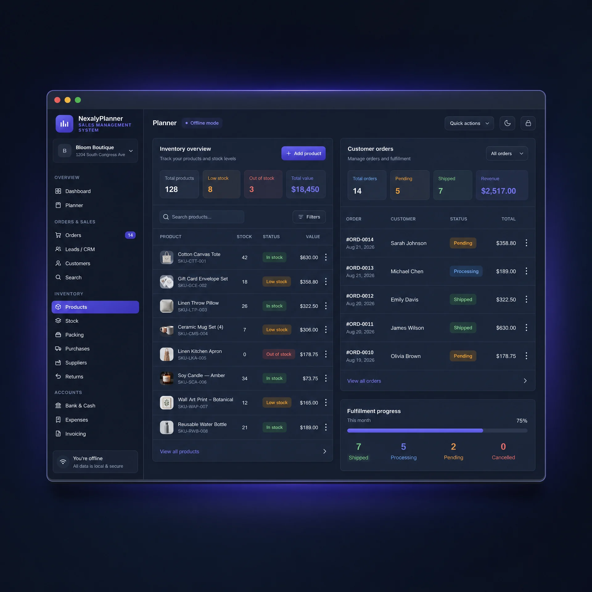 Inventory and order tracker for products, FIFO stock batches, customer orders, returns and order status management