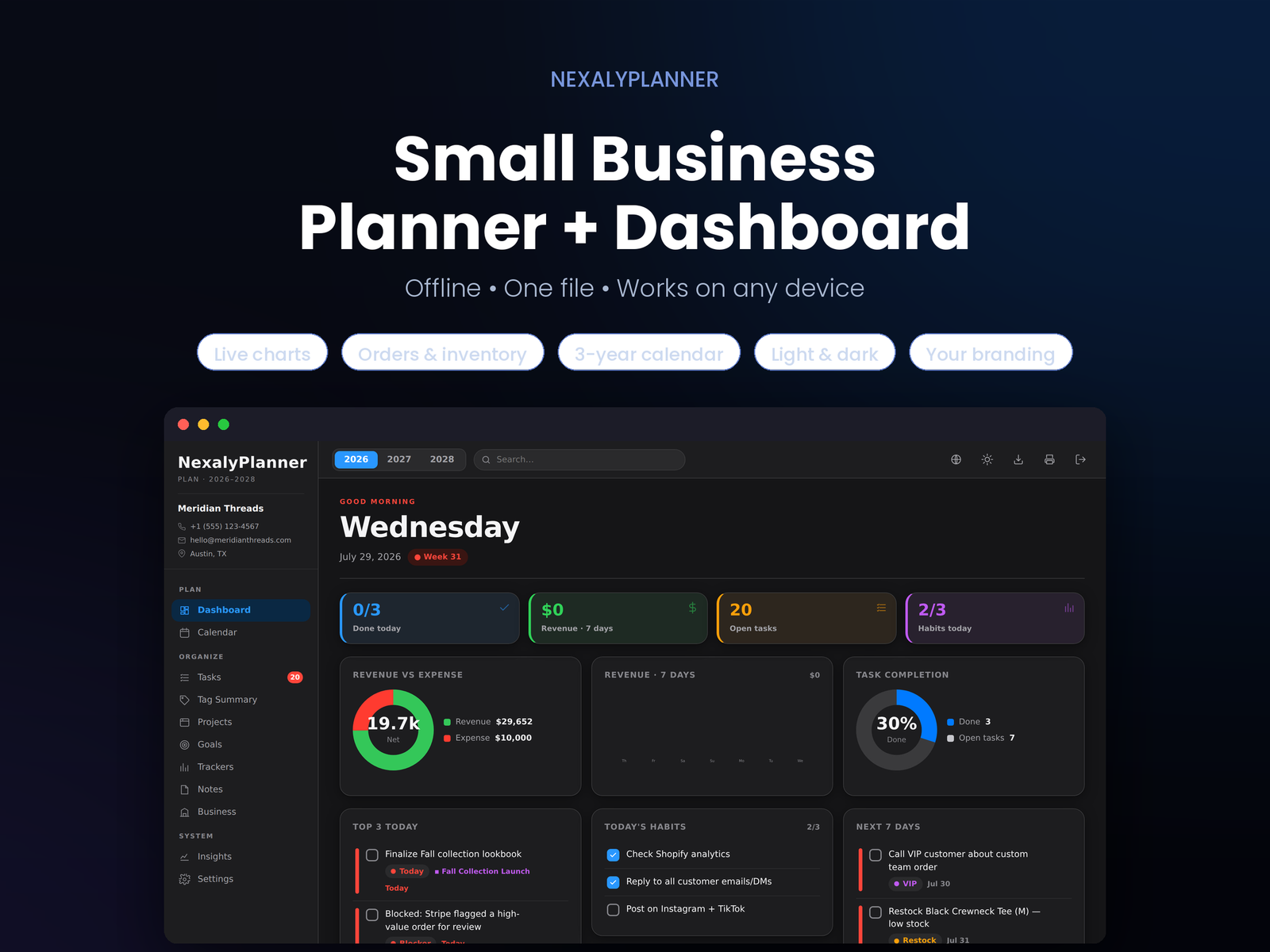 NexalyPlanner onboarding modal for the offline 2026–2028 planner, showing the language choices and disabled-until-selected Get started button