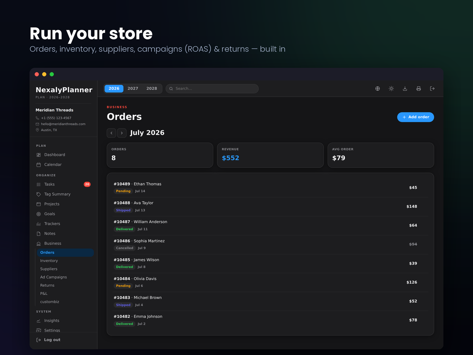 Small business tracker with orders, inventory, suppliers, returns, finance and live performance charts