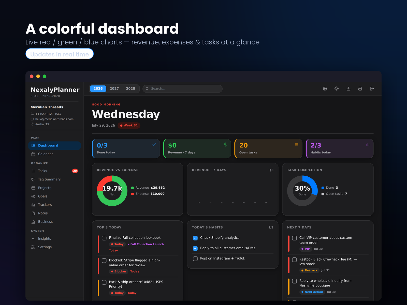 Entrepreneur digital planner with 2026–2028 calendar, tasks, projects, goals and milestones