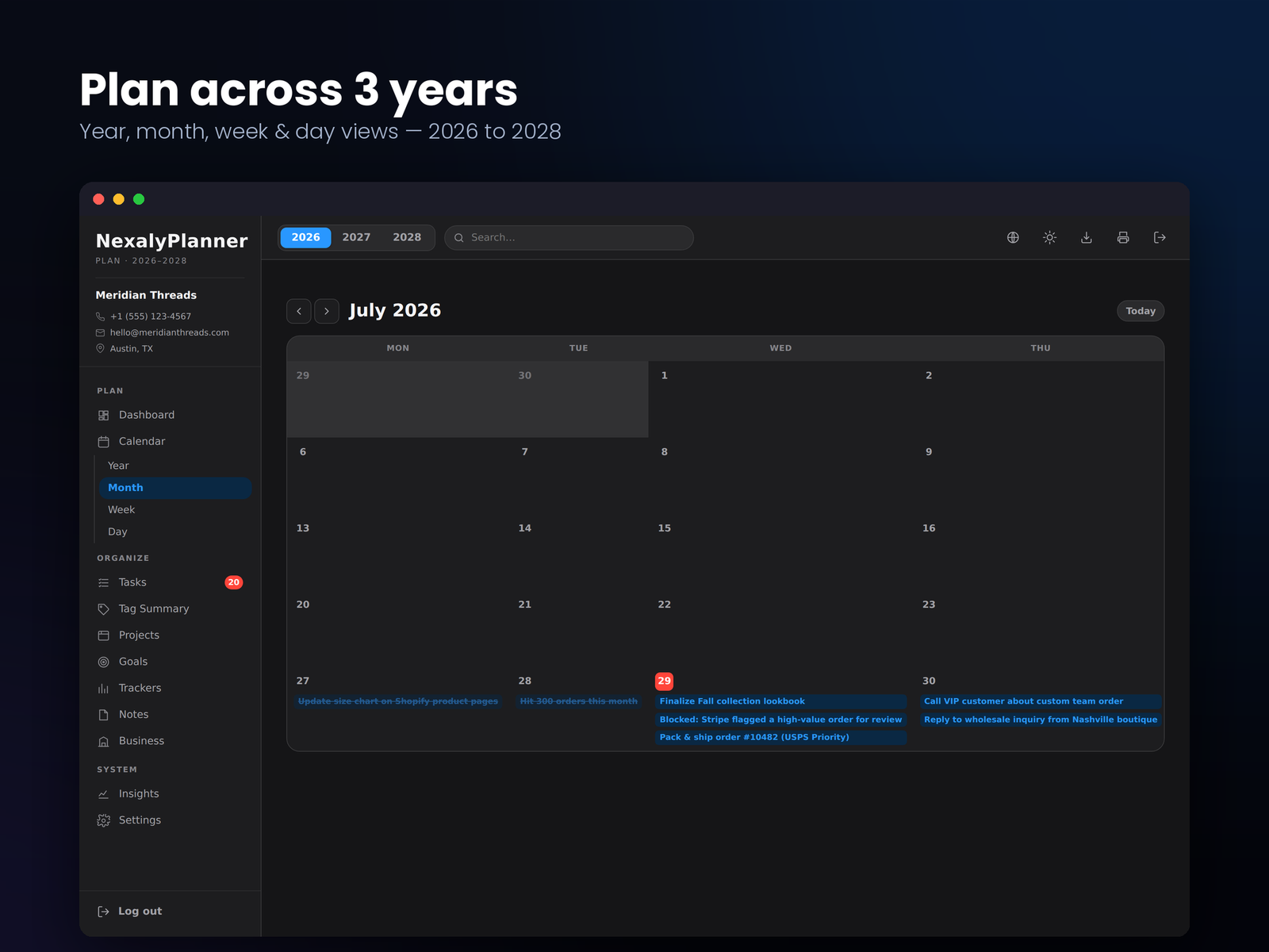 Multilingual small business planner with seven languages, Arabic support, light and dark themes