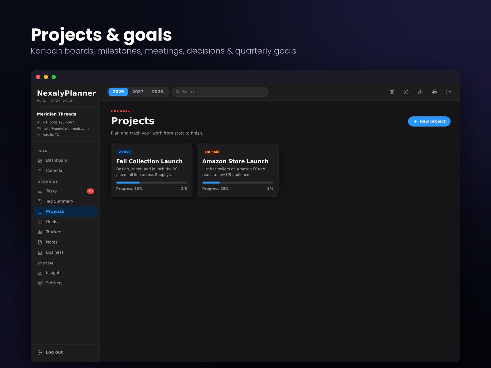 Business project and goal planner with Kanban boards, milestones, tasks and progress tracking