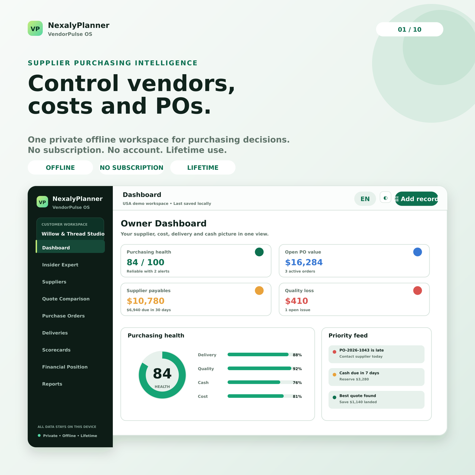VendorPulse OS offline supplier purchasing dashboard for controlling vendors, true costs and purchase orders