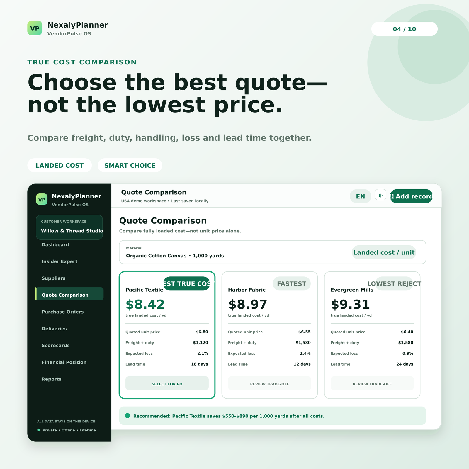 VendorPulse OS quote comparison calculating true landed cost with price, freight, duty, handling and expected rejects