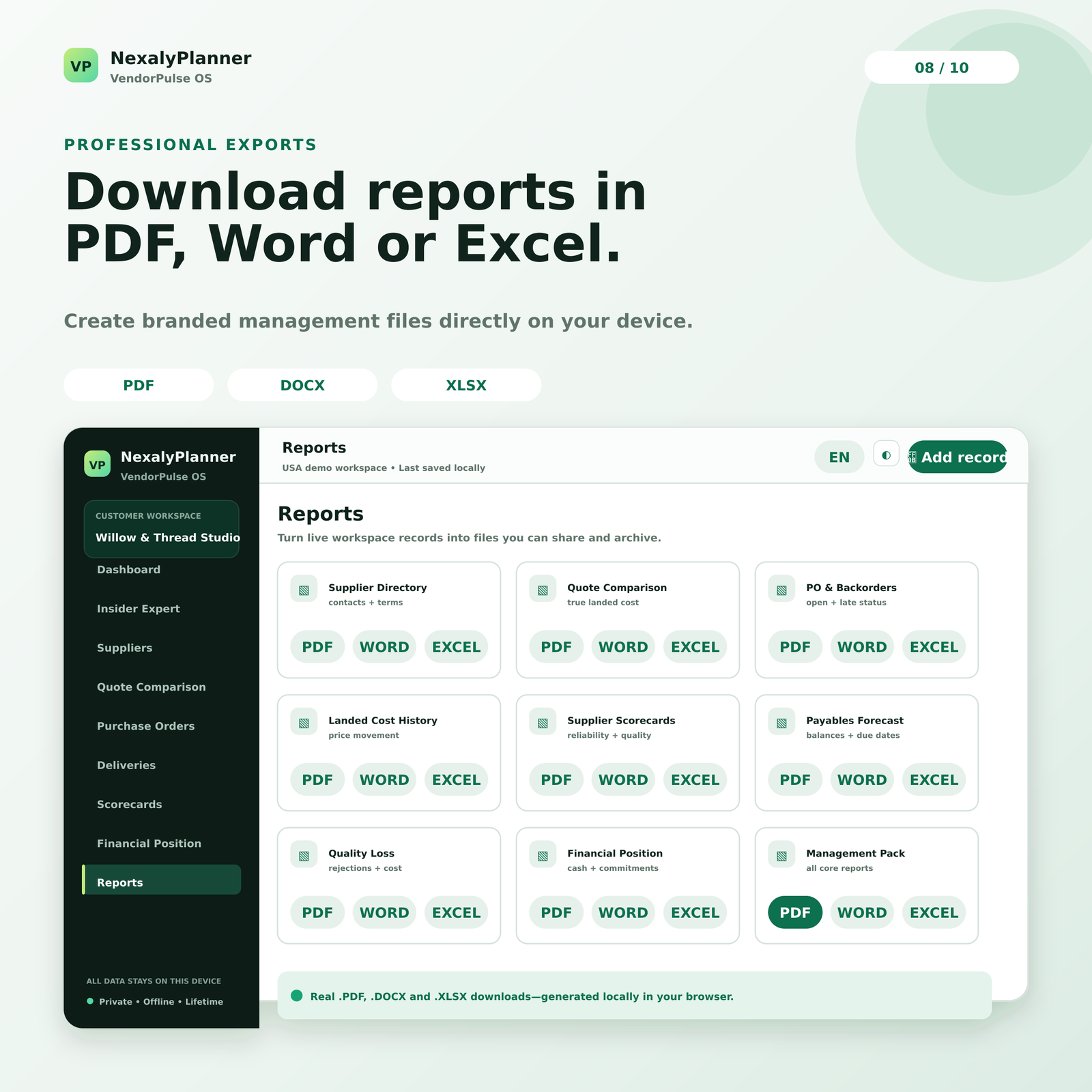 VendorPulse OS reports center with downloadable branded PDF, Microsoft Word and Excel management reports