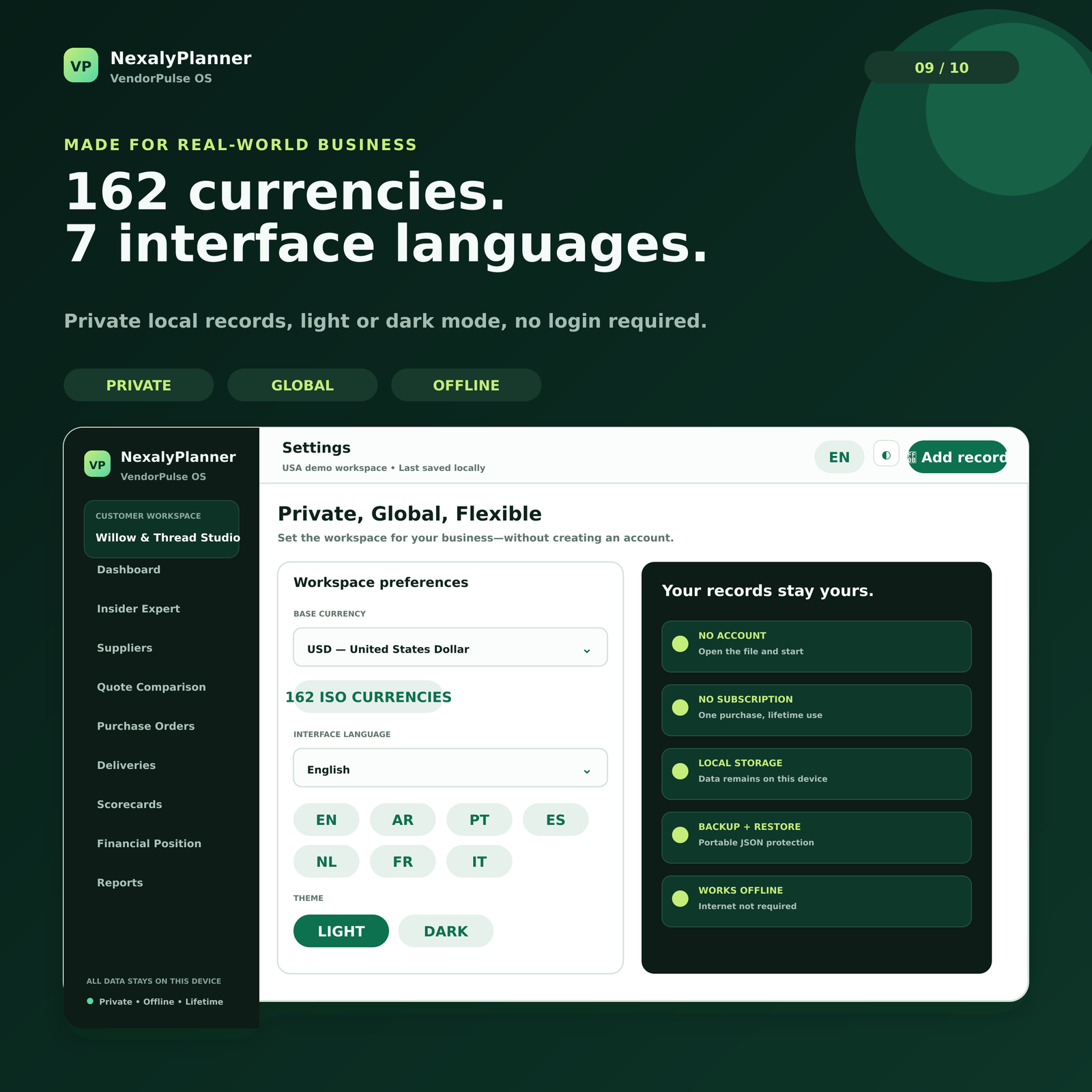 VendorPulse OS private offline workspace with 162 currencies, 7 interface languages and light or dark mode