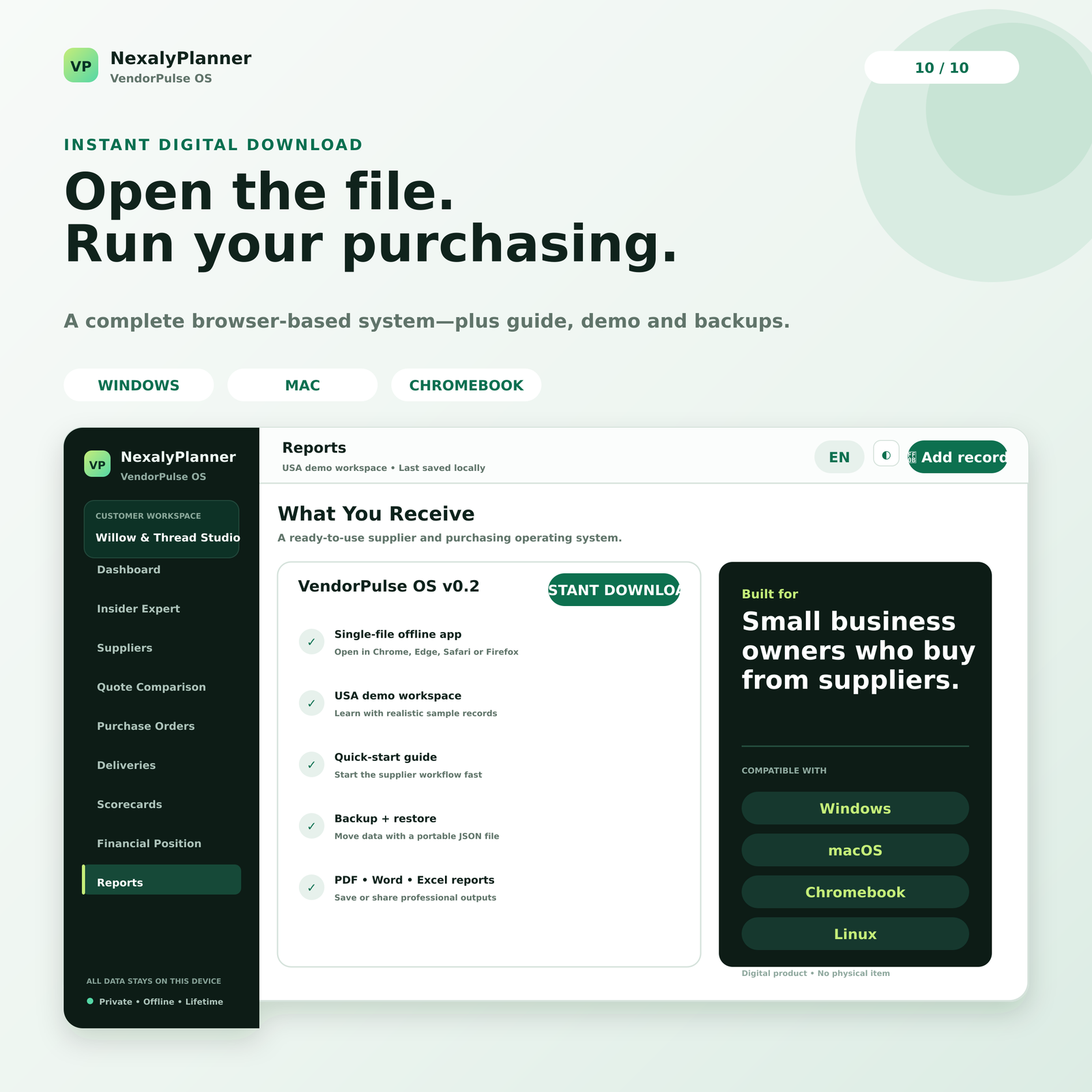 VendorPulse OS instant download contents with offline HTML app, setup guide, demo data, backups and reports